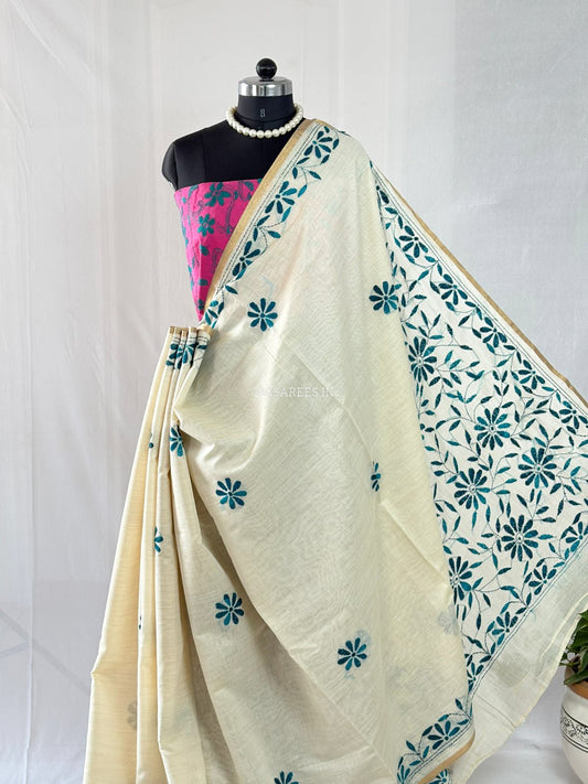 Kantha Stitch Semi Tussar with Blouse | Hand-Embroidered | Off White