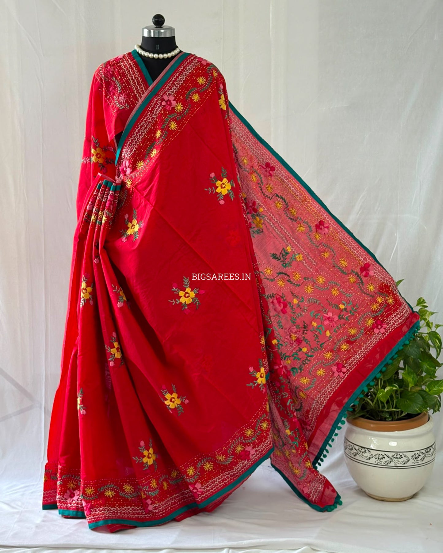 Phulkari Hand-Embroidered Saree | Chanderi Silk | Red