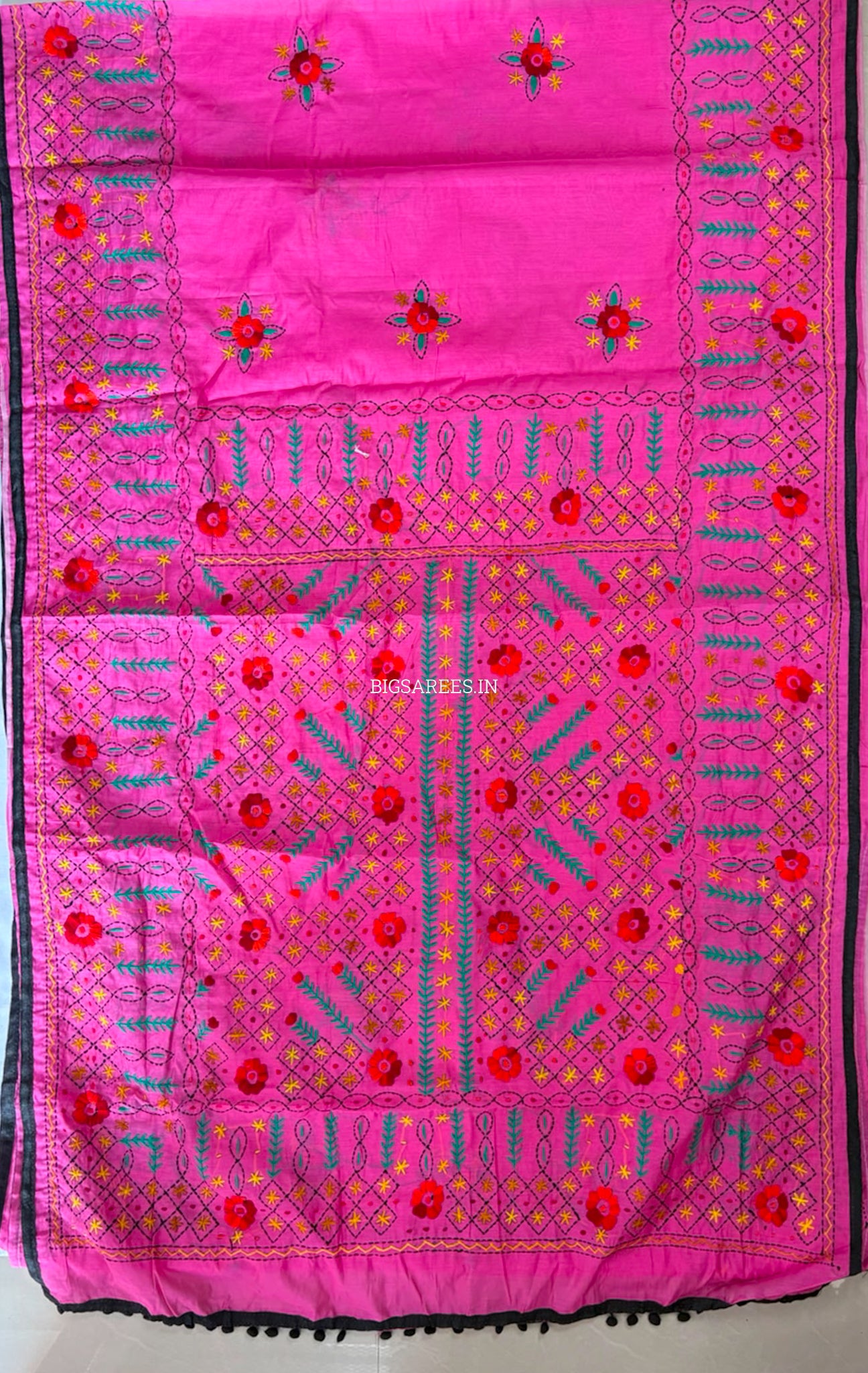 Phulkari Hand-Embroidered Saree | Chanderi Silk | Pink