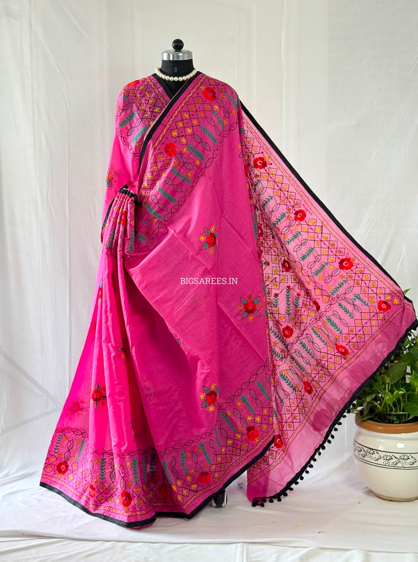 Phulkari Hand-Embroidered Saree | Chanderi Silk | Pink