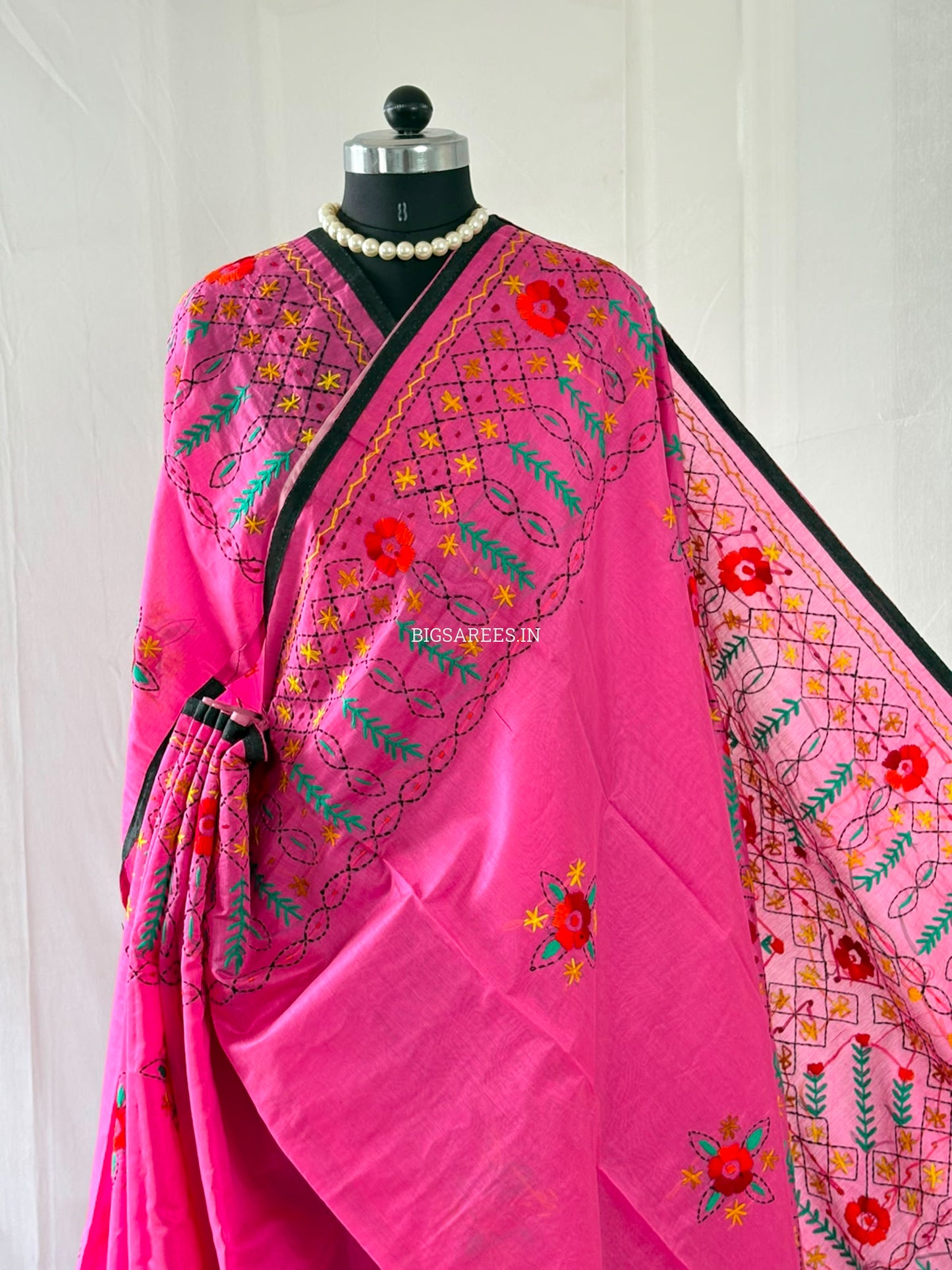 Phulkari Hand-Embroidered Saree | Chanderi Silk | Pink
