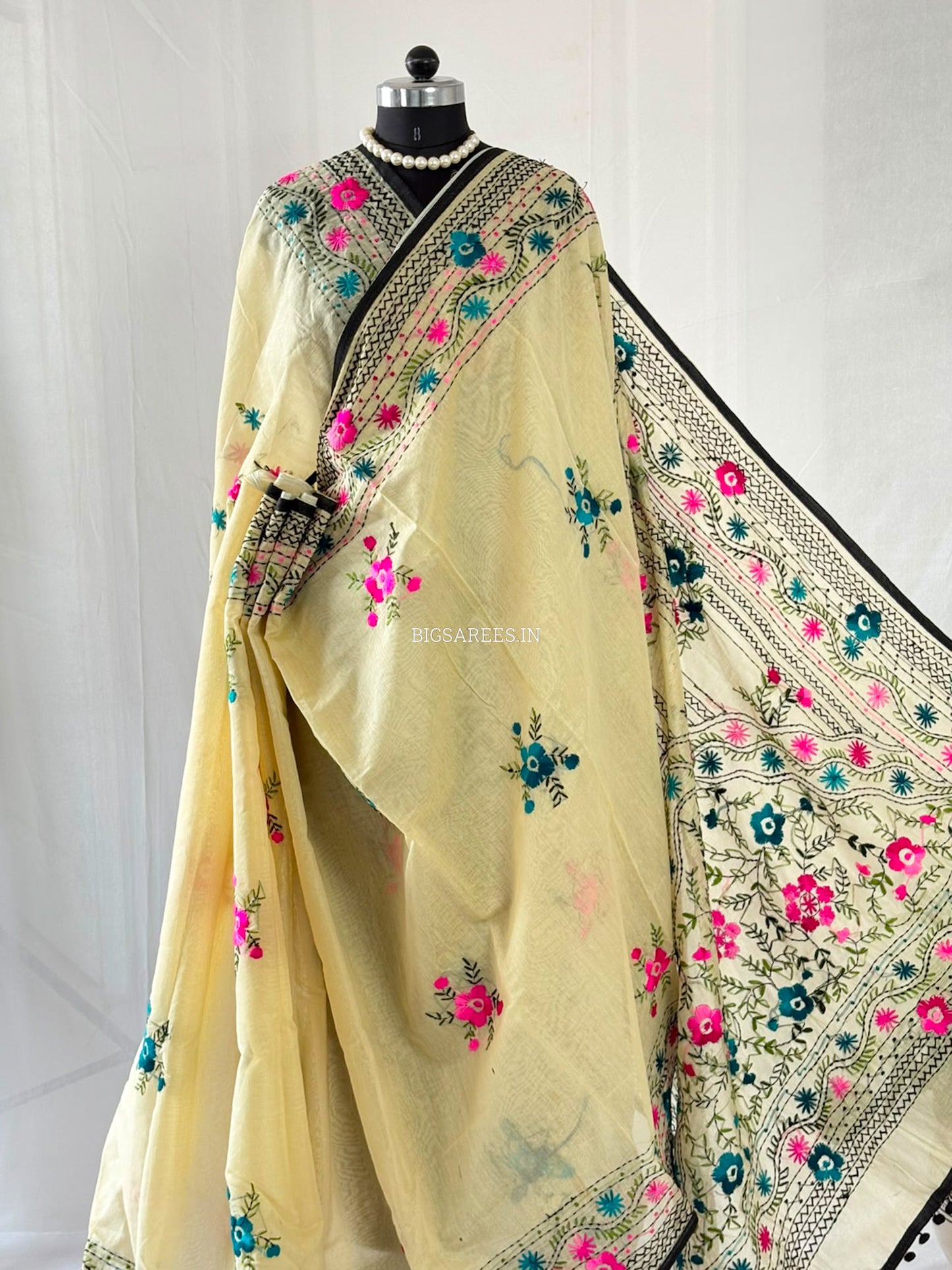 Phulkari Hand-Embroidered Saree | Chanderi Silk | Light Mint Green