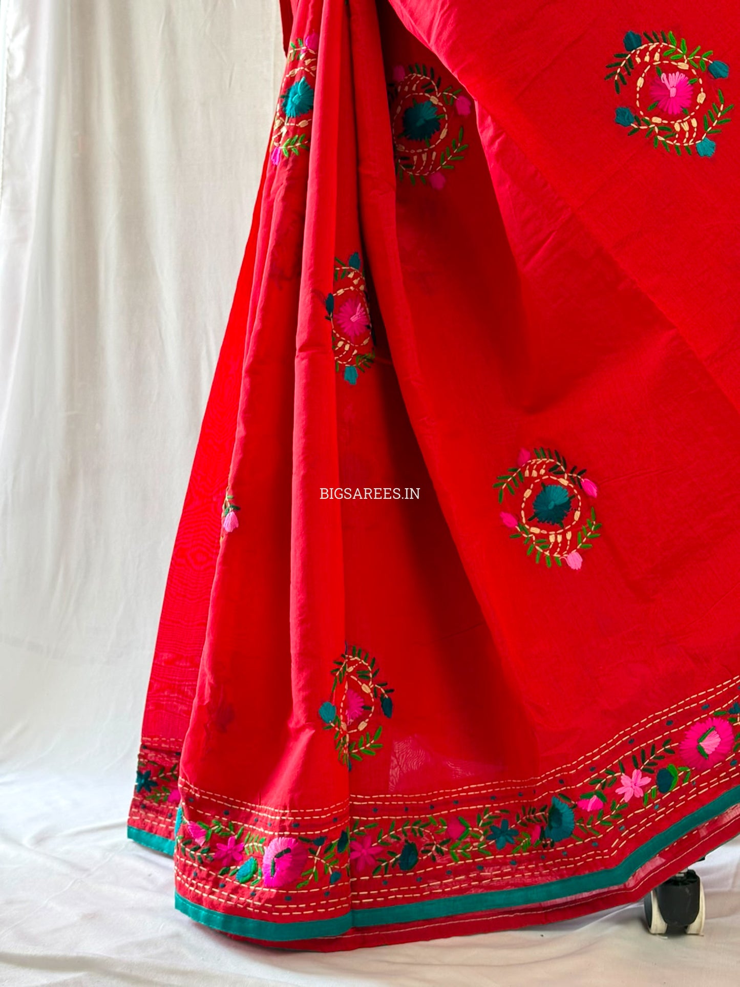 Phulkari Hand-Embroidered Saree | Chanderi Silk | Red