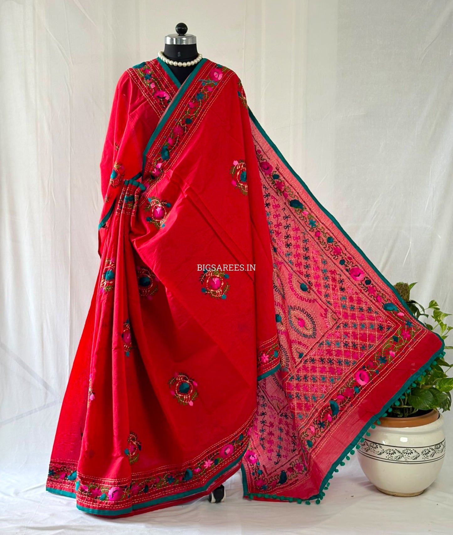 Phulkari Hand-Embroidered Saree | Chanderi Silk | Red