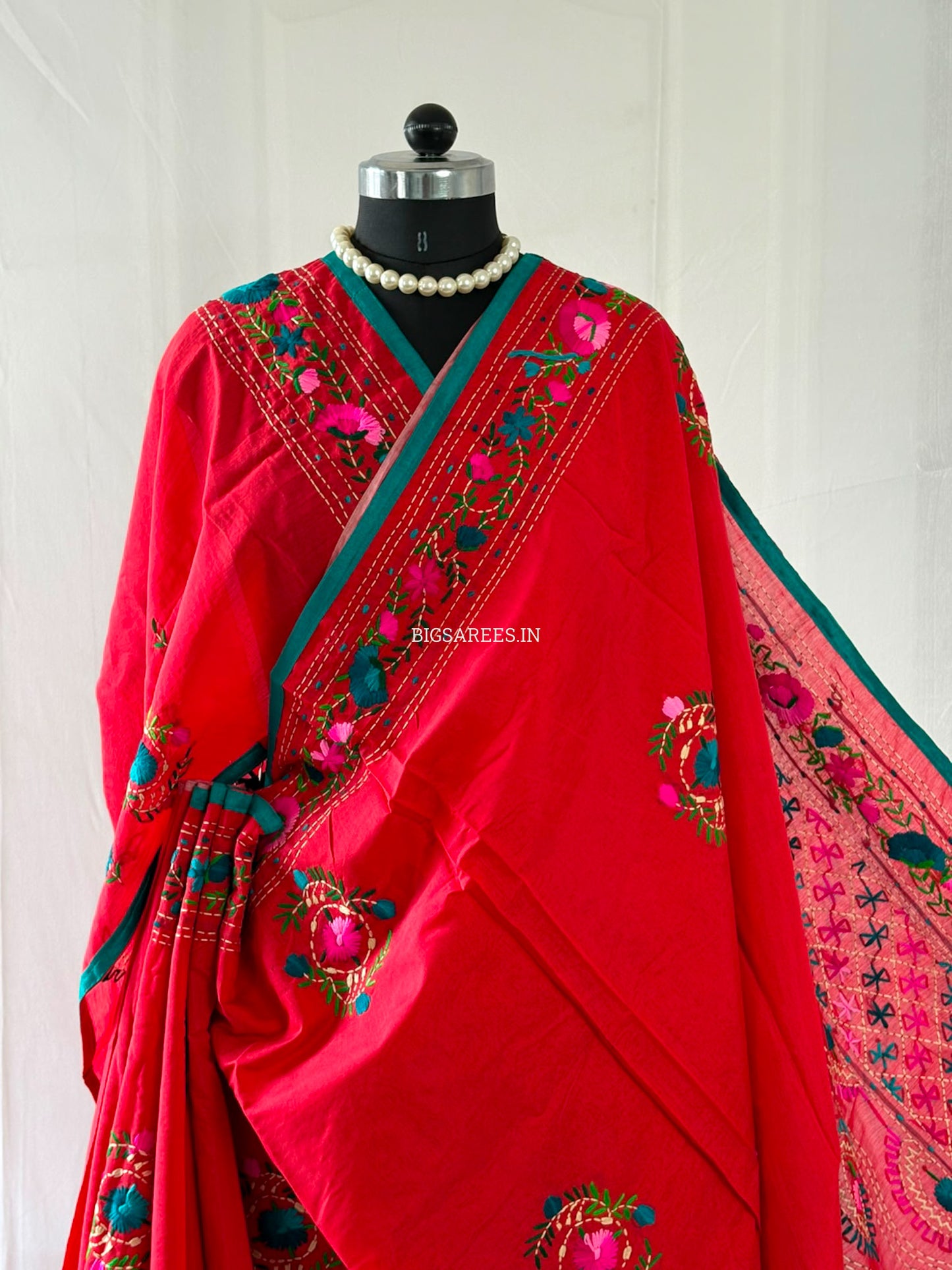 Phulkari Hand-Embroidered Saree | Chanderi Silk | Red
