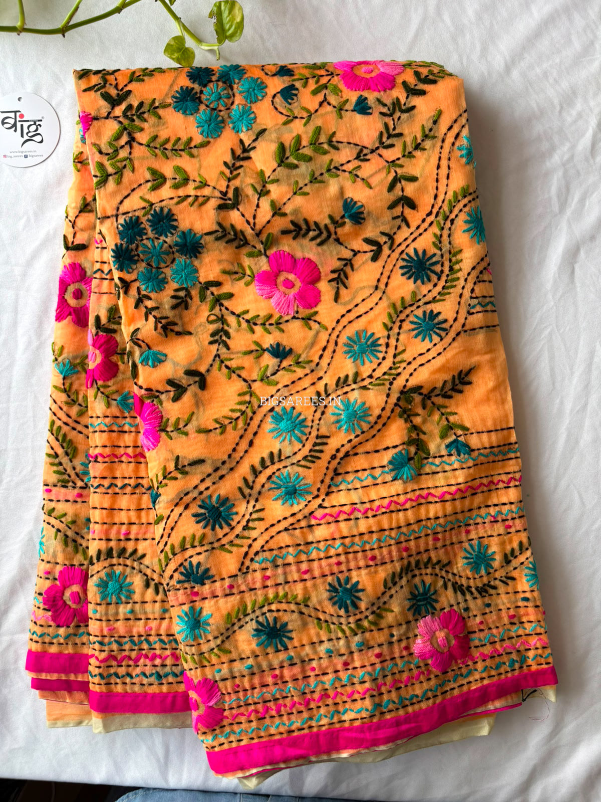 Phulkari Hand-Embroidered Saree | Chanderi Silk | Medium Chrome Yellow