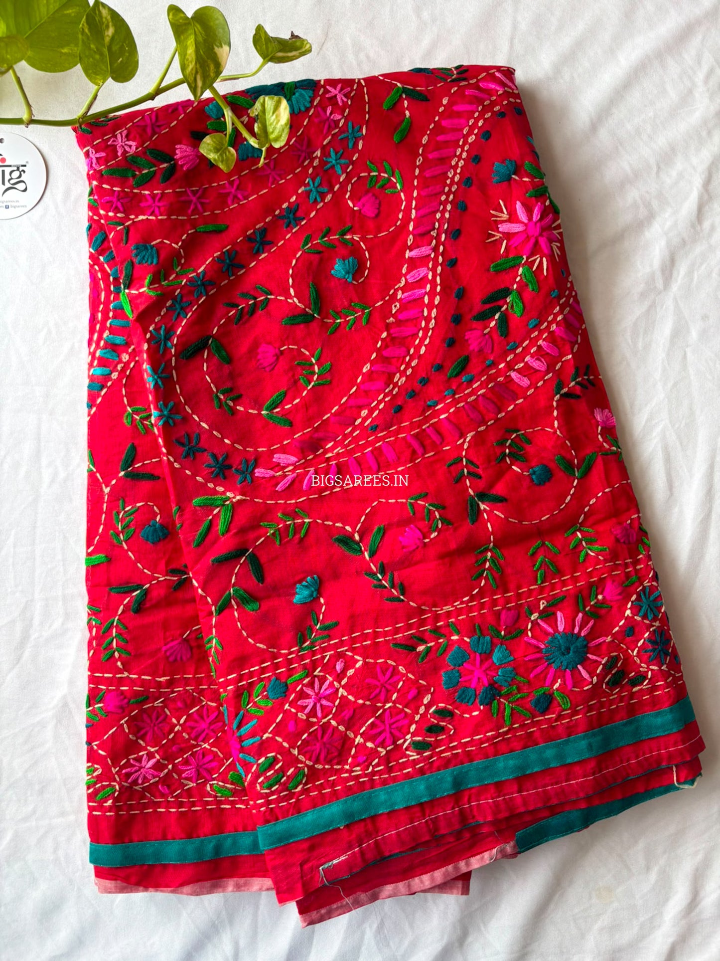 Phulkari Hand-Embroidered Saree | Chanderi Silk | Red