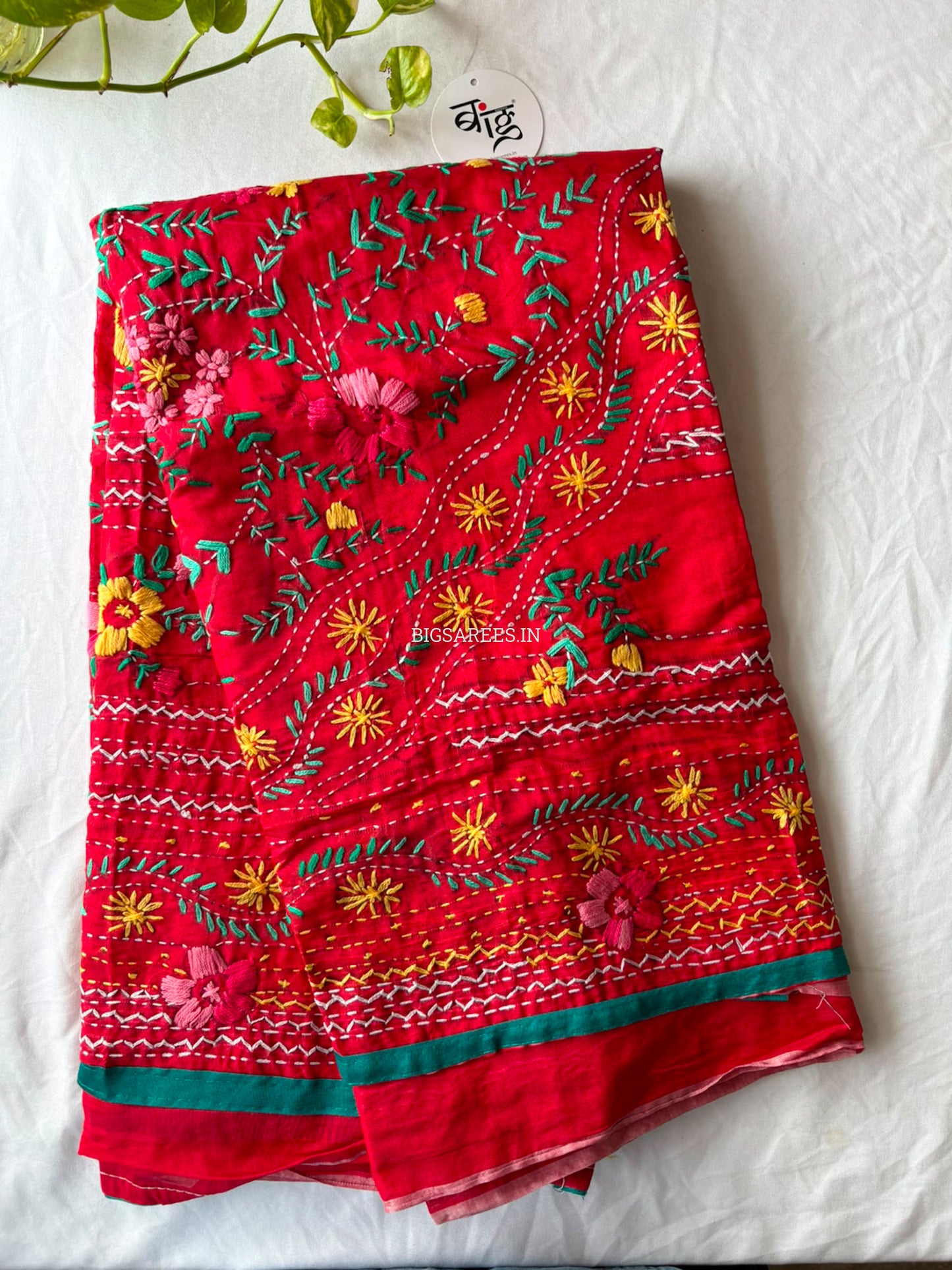Phulkari Hand-Embroidered Saree | Chanderi Silk | Red