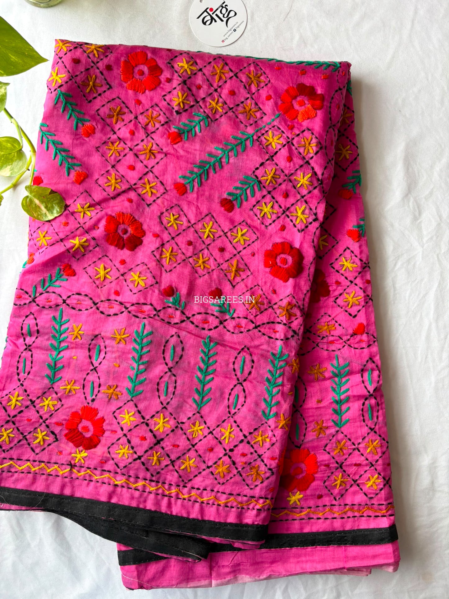 Phulkari Hand-Embroidered Saree | Chanderi Silk | Pink