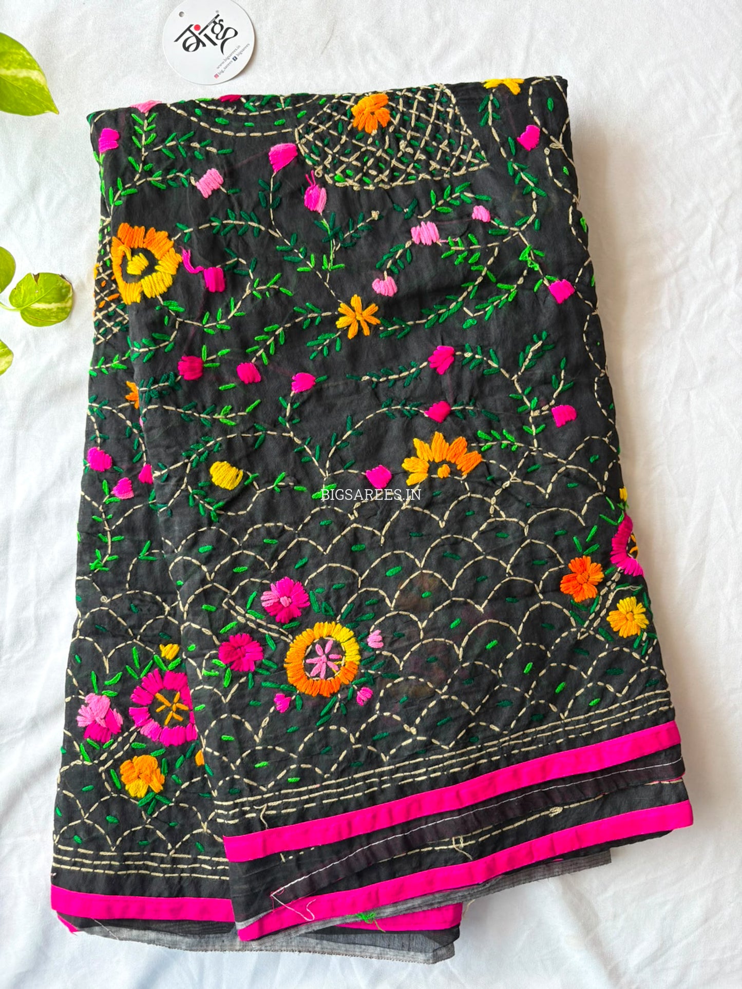 Phulkari Hand-Embroidered Saree | Chanderi Silk | Black