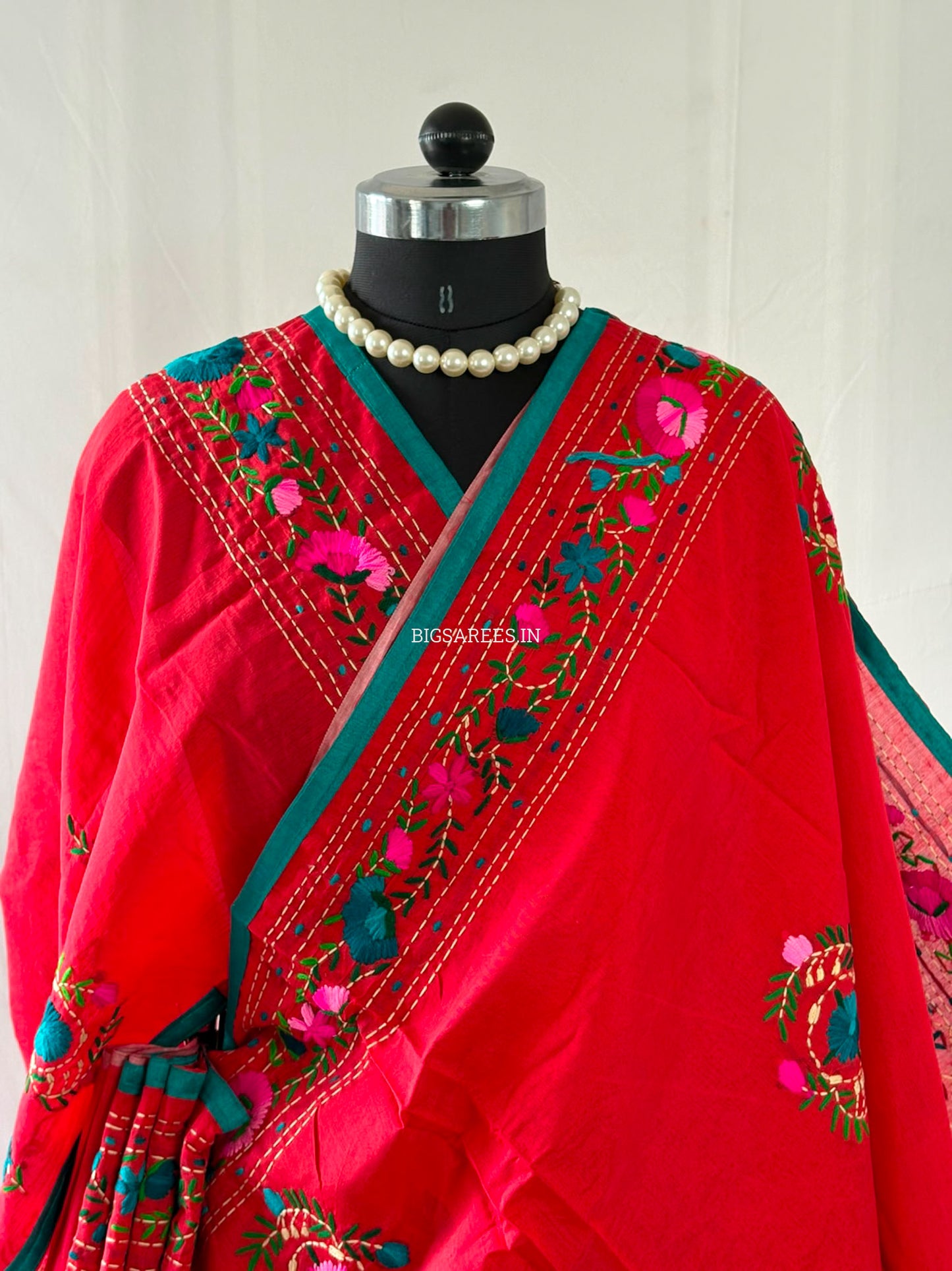 Phulkari Hand-Embroidered Saree | Chanderi Silk | Red