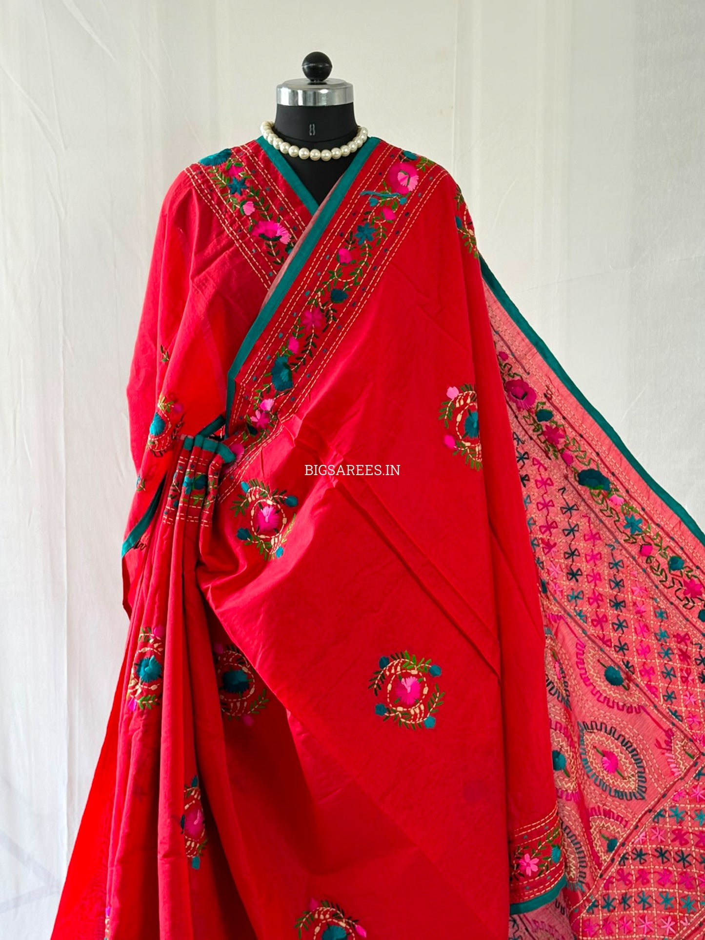 Phulkari Hand-Embroidered Saree | Chanderi Silk | Red