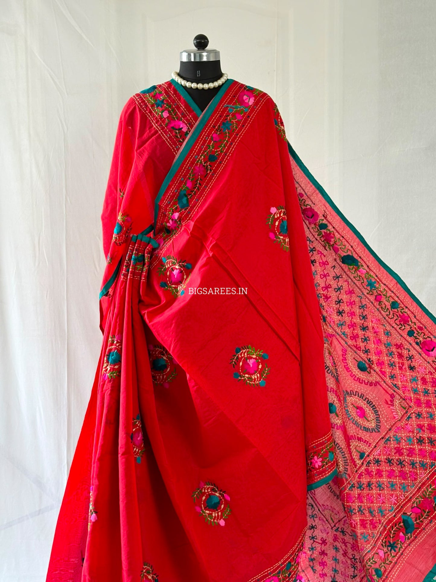 Phulkari Hand-Embroidered Saree | Chanderi Silk | Red