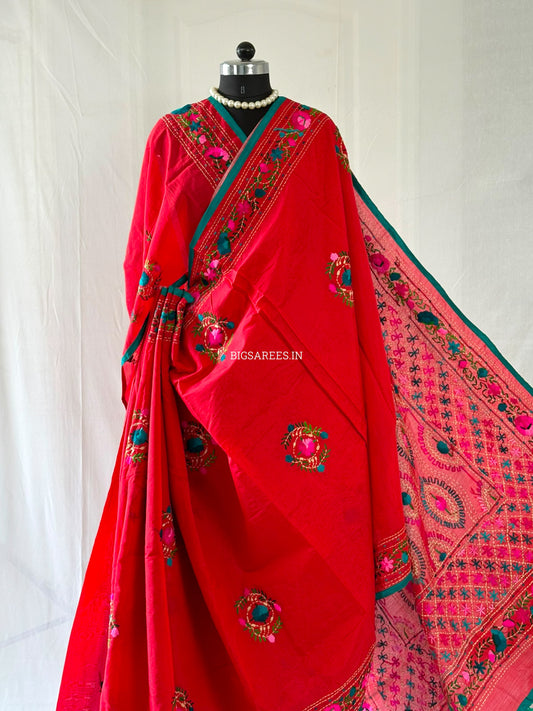 Phulkari Hand-Embroidered Saree | Chanderi Silk | Red
