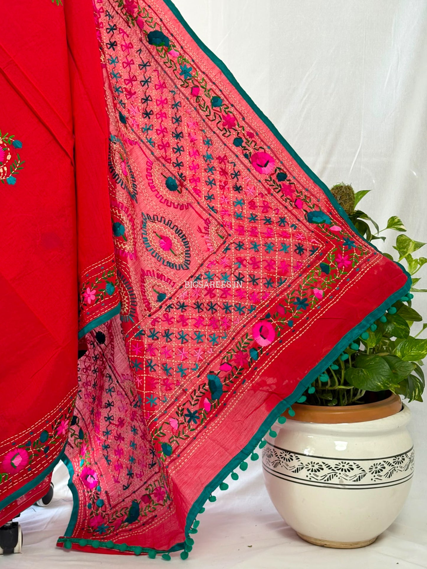 Phulkari Hand-Embroidered Saree | Chanderi Silk | Red