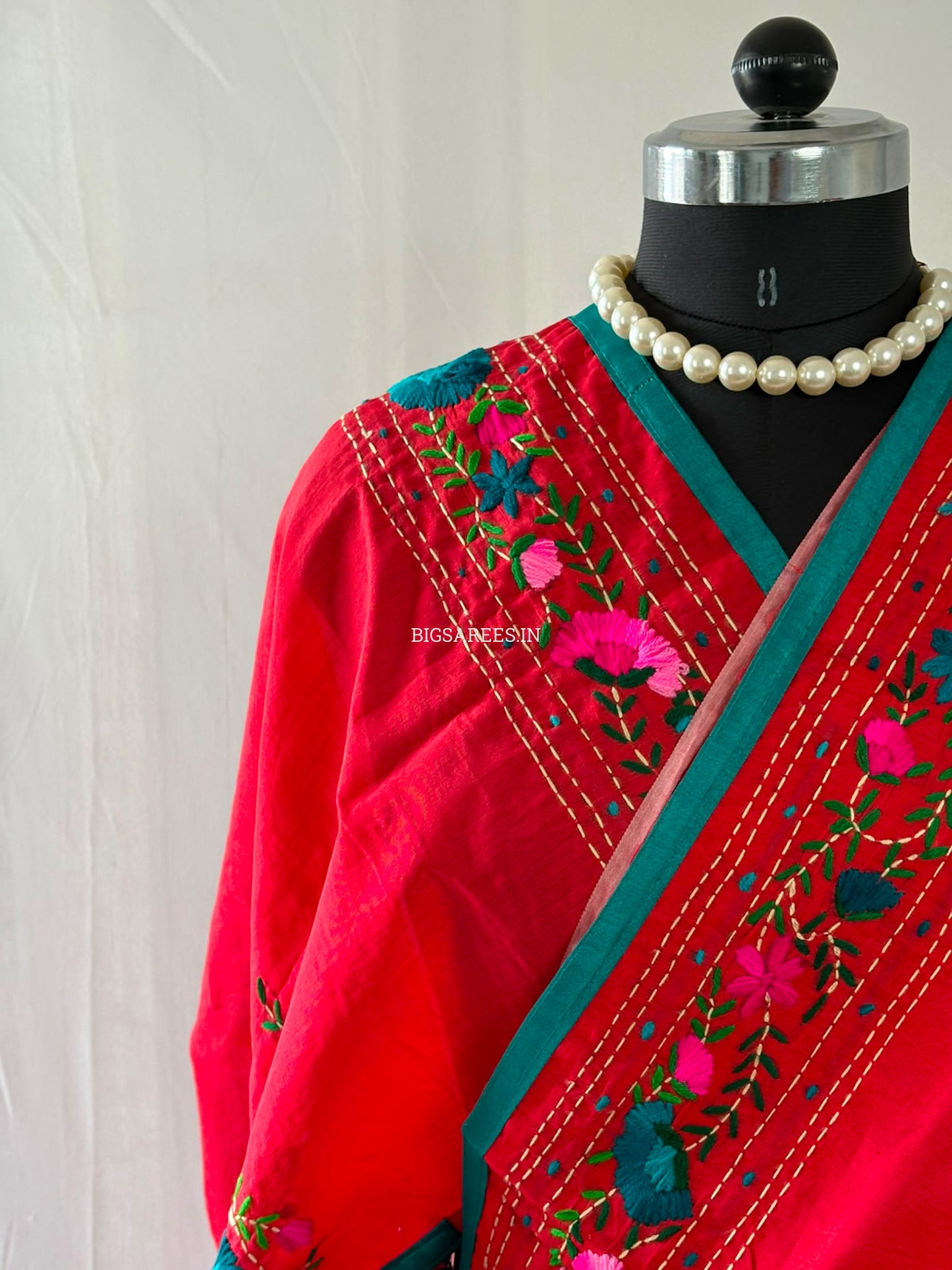 Phulkari Hand-Embroidered Saree | Chanderi Silk | Red