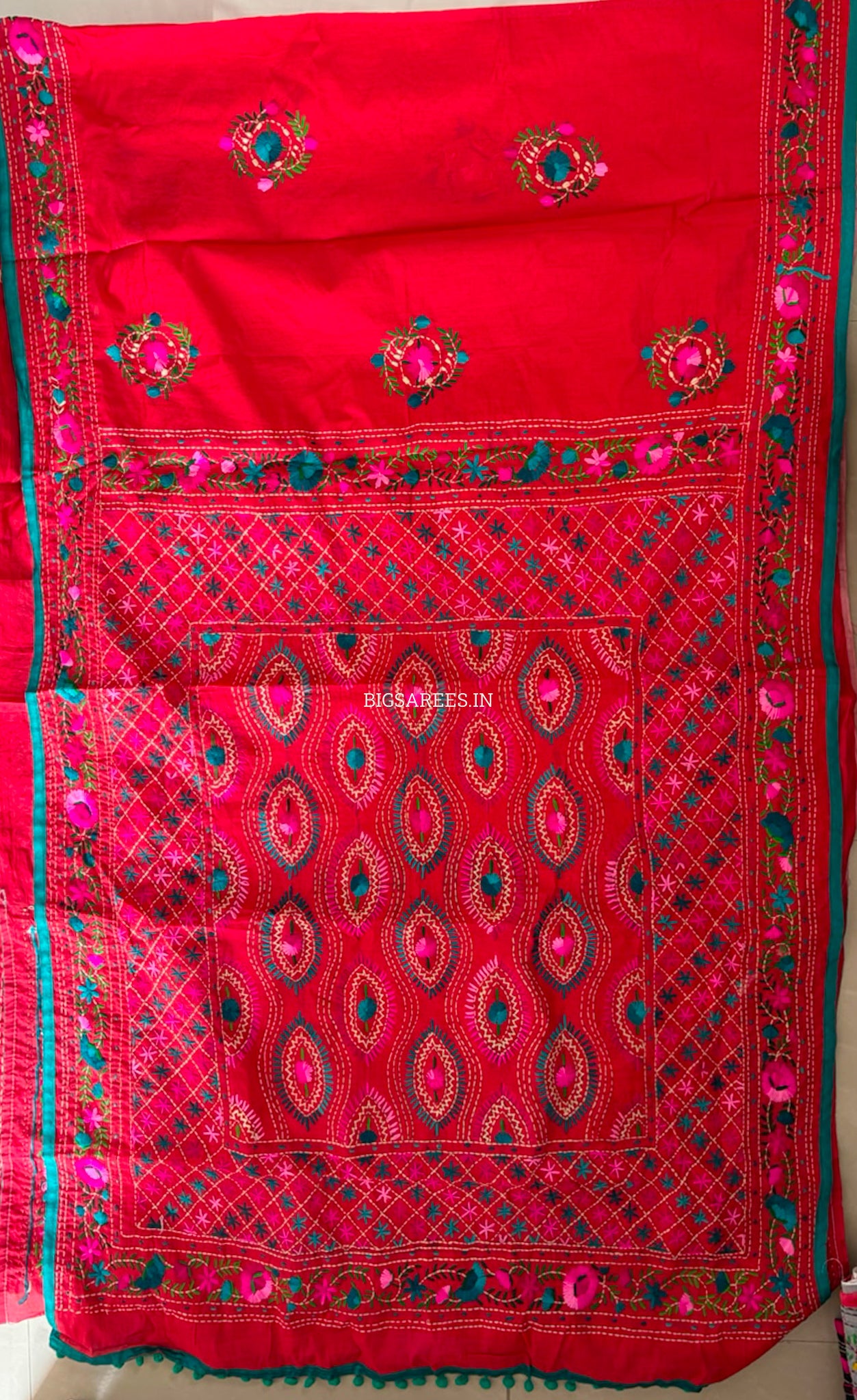 Phulkari Hand-Embroidered Saree | Chanderi Silk | Red