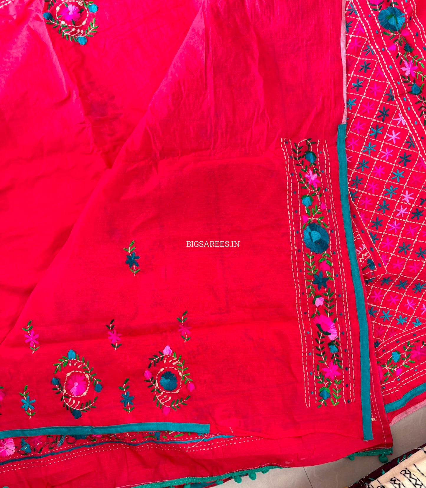 Phulkari Hand-Embroidered Saree | Chanderi Silk | Red