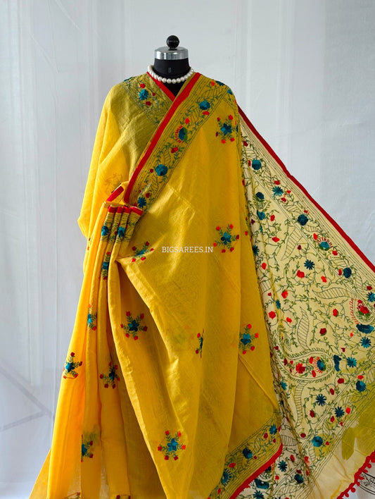 Phulkari Hand-Embroidered Saree | Chanderi Silk | Yellow