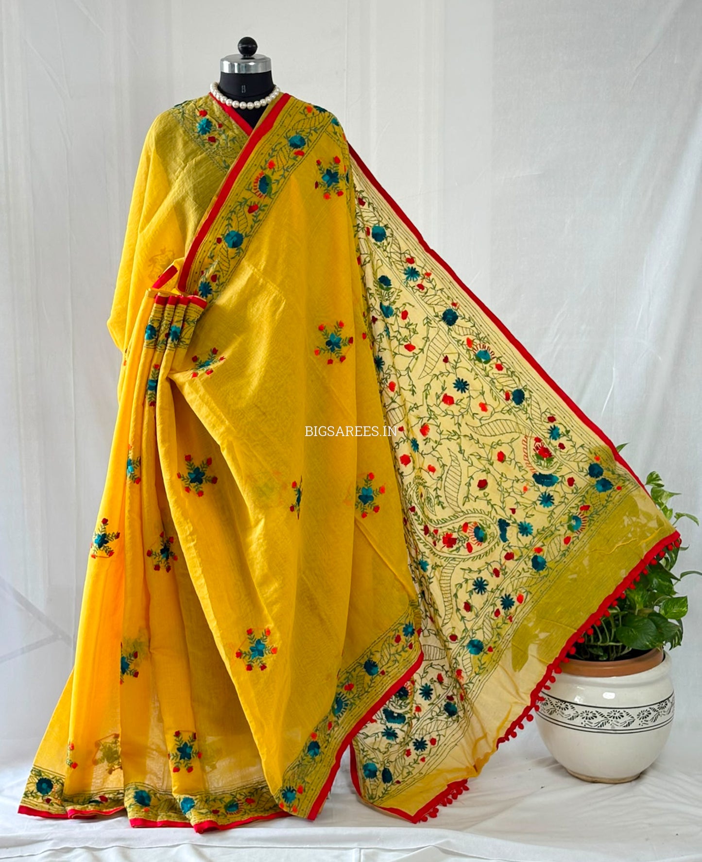 Phulkari Hand-Embroidered Saree | Chanderi Silk | Yellow