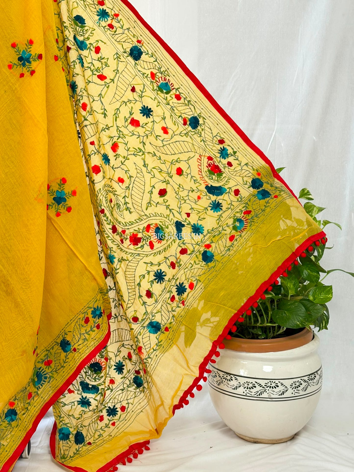 Phulkari Hand-Embroidered Saree | Chanderi Silk | Yellow