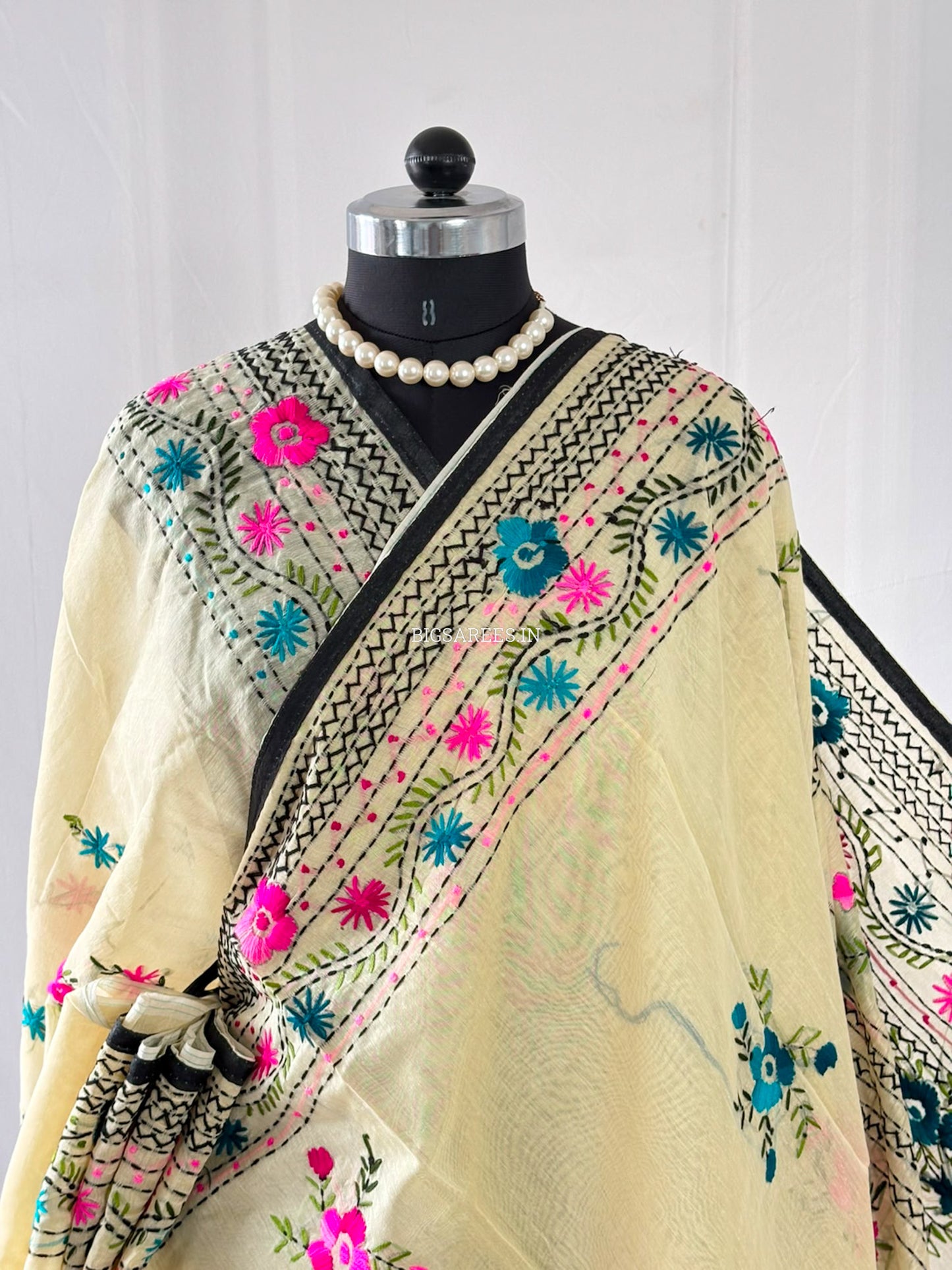 Phulkari Hand-Embroidered Saree | Chanderi Silk | Light Mint Green