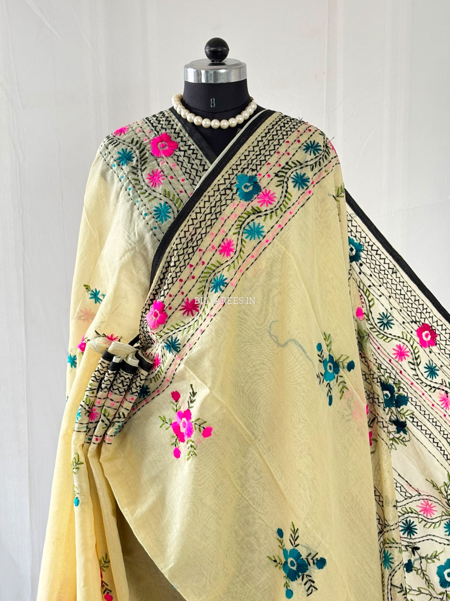 Phulkari Hand-Embroidered Saree | Chanderi Silk | Light Mint Green