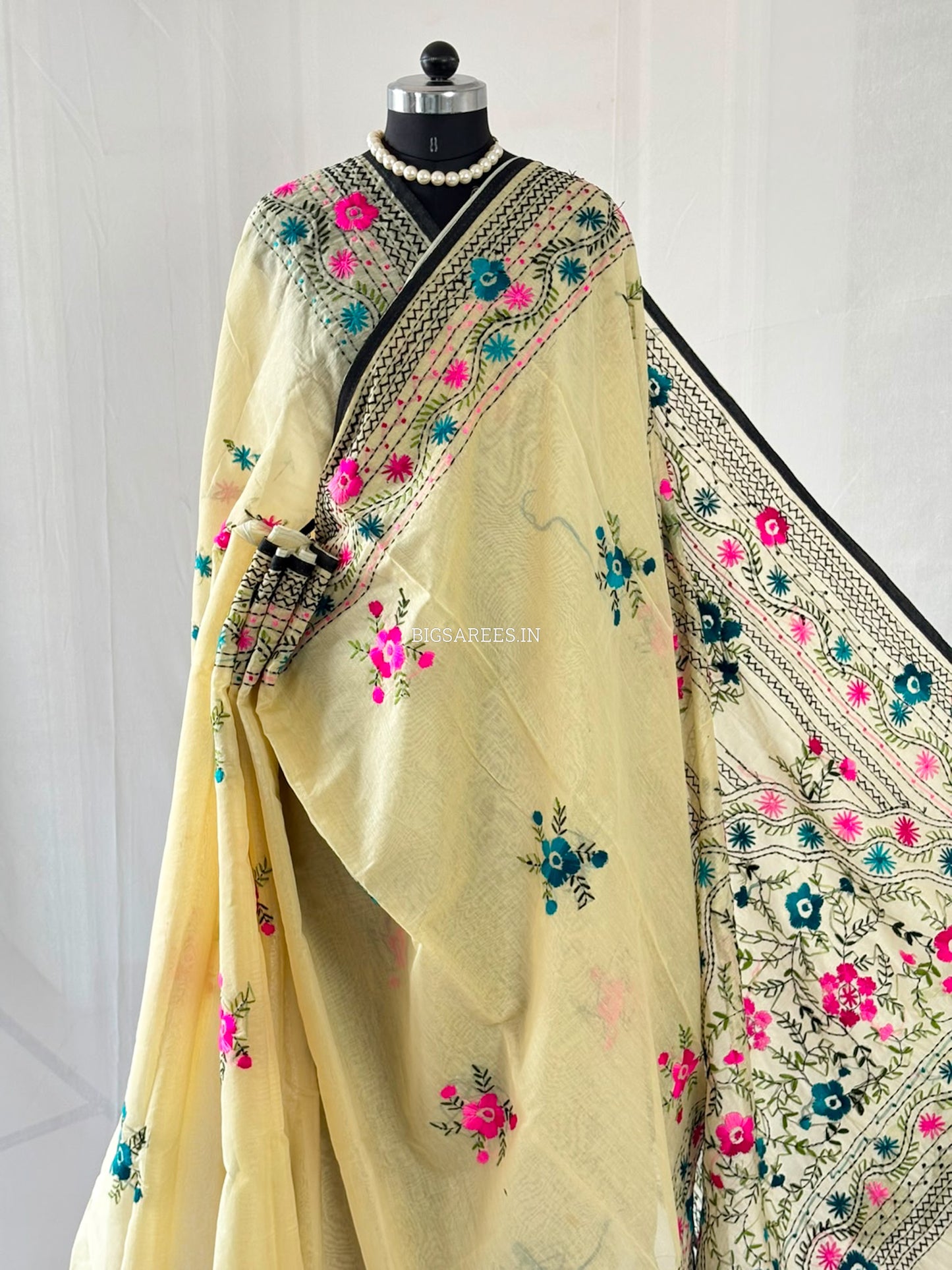 Phulkari Hand-Embroidered Saree | Chanderi Silk | Light Mint Green