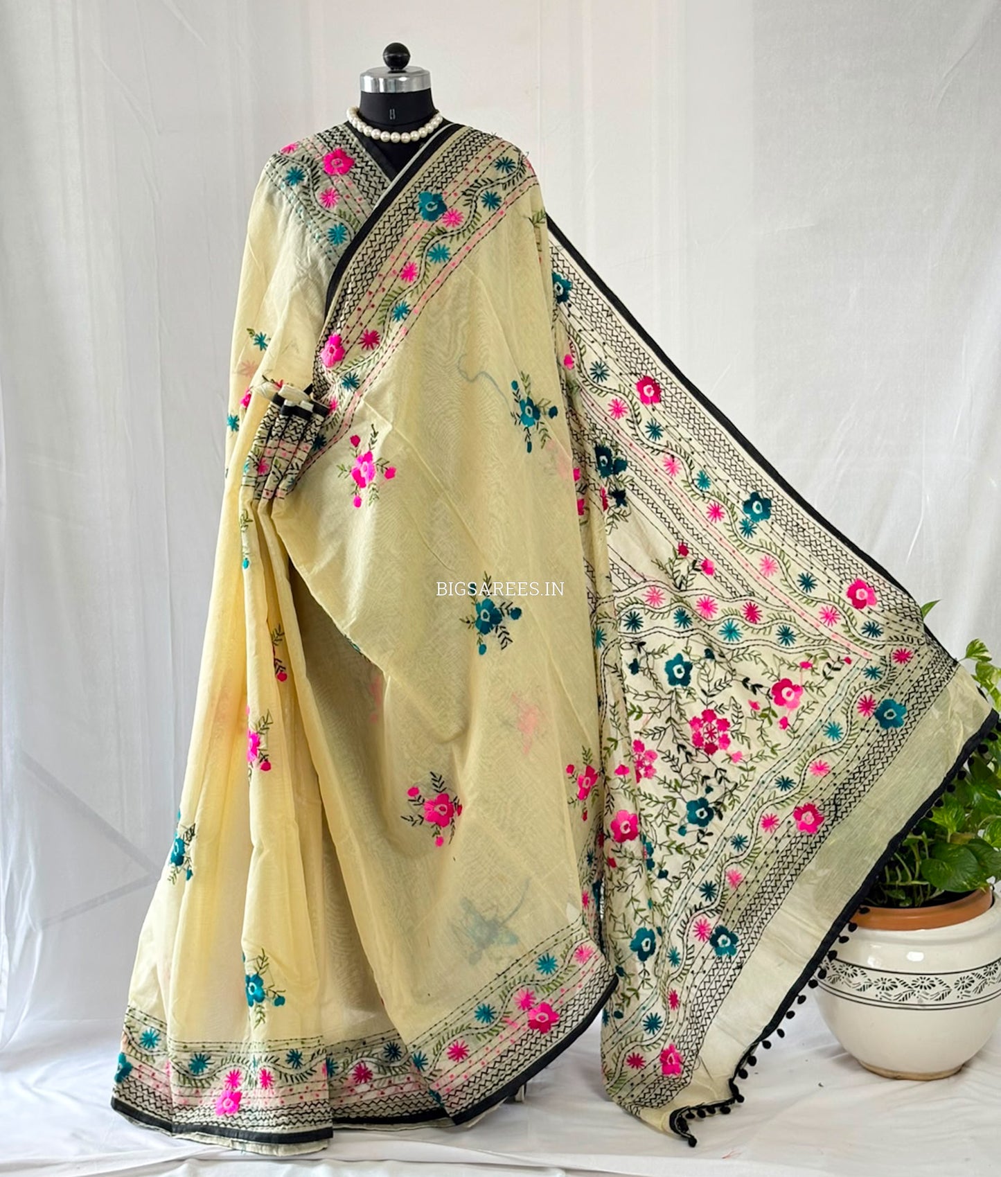 Phulkari Hand-Embroidered Saree | Chanderi Silk | Light Mint Green