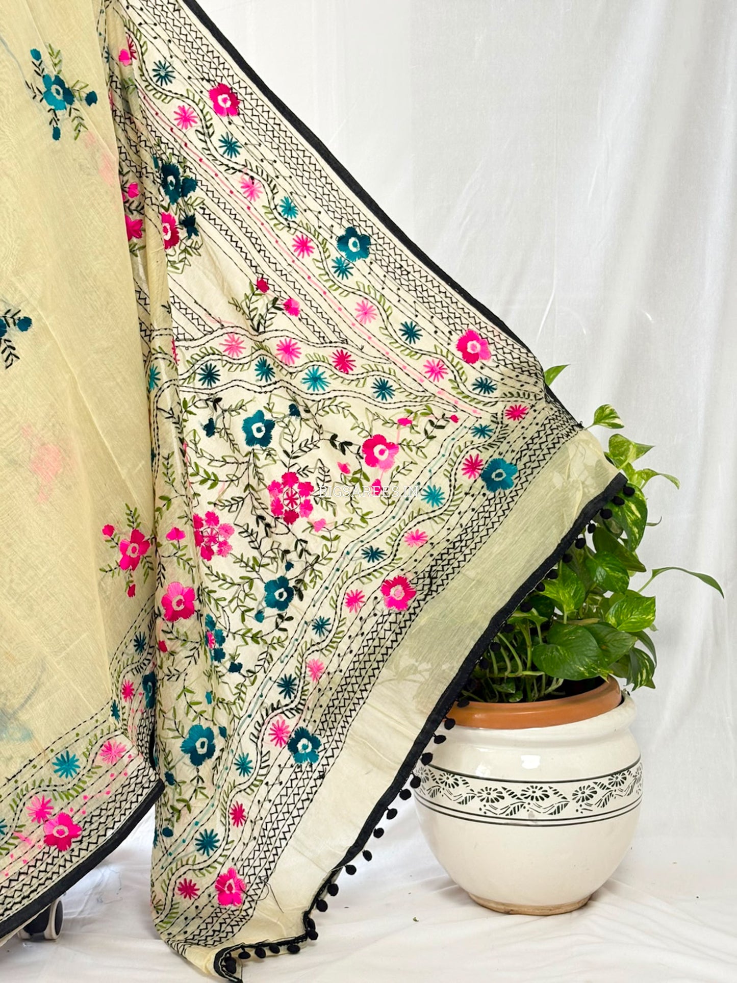 Phulkari Hand-Embroidered Saree | Chanderi Silk | Light Mint Green