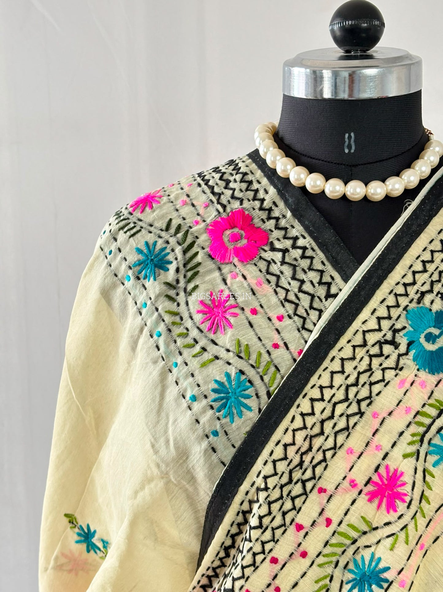 Phulkari Hand-Embroidered Saree | Chanderi Silk | Light Mint Green