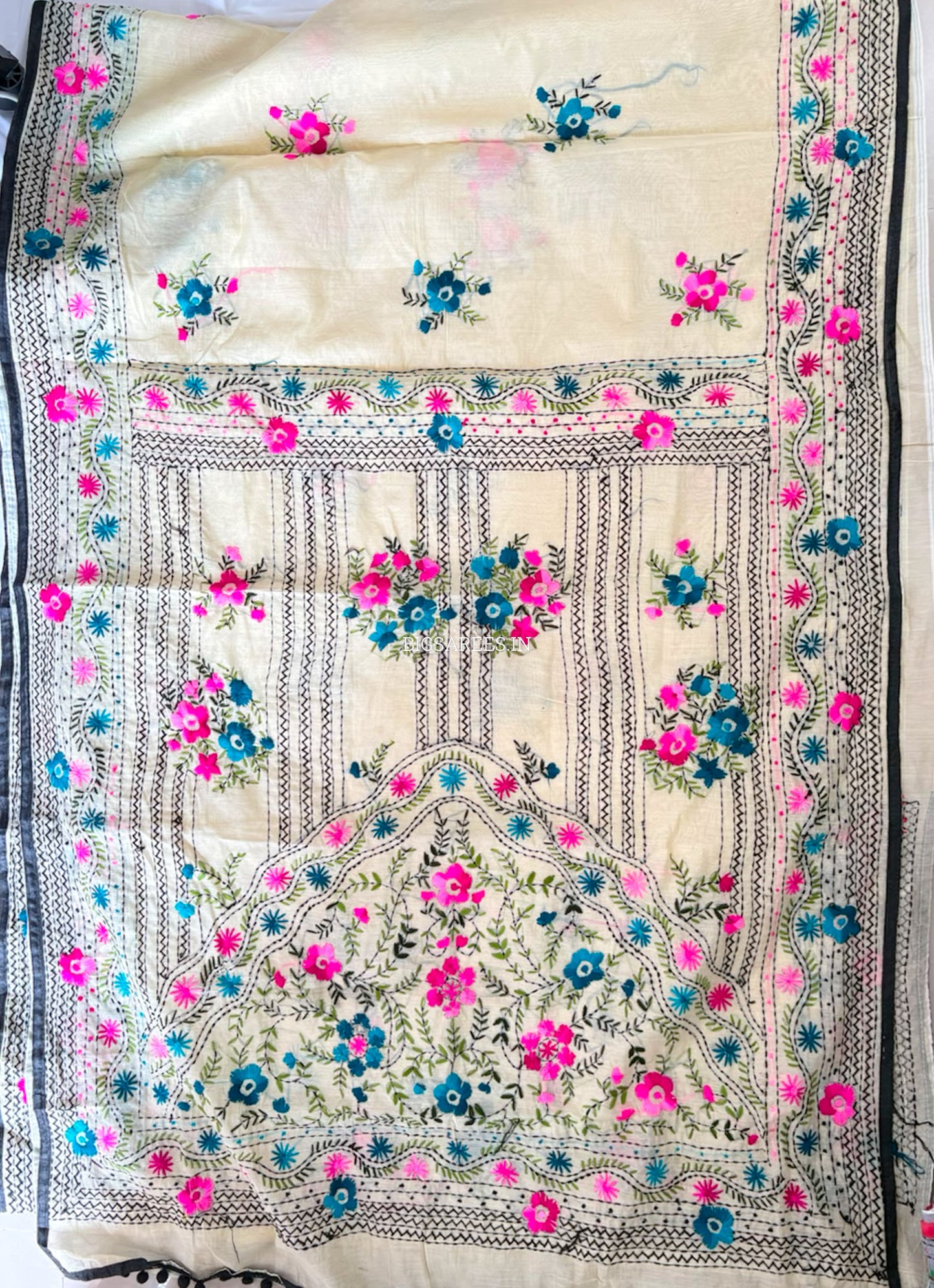 Phulkari Hand-Embroidered Saree | Chanderi Silk | Light Mint Green