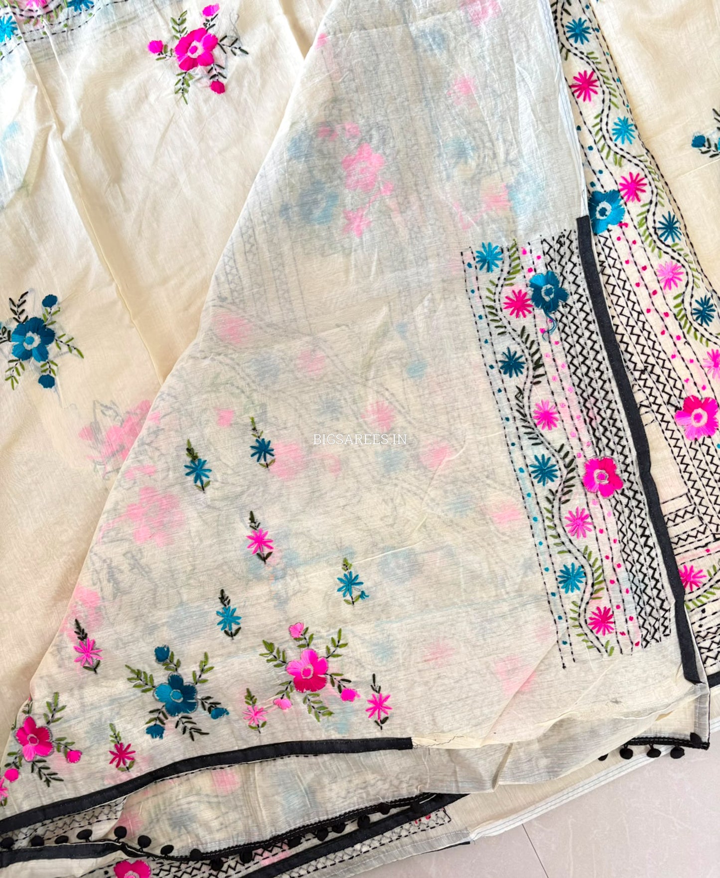 Phulkari Hand-Embroidered Saree | Chanderi Silk | Light Mint Green