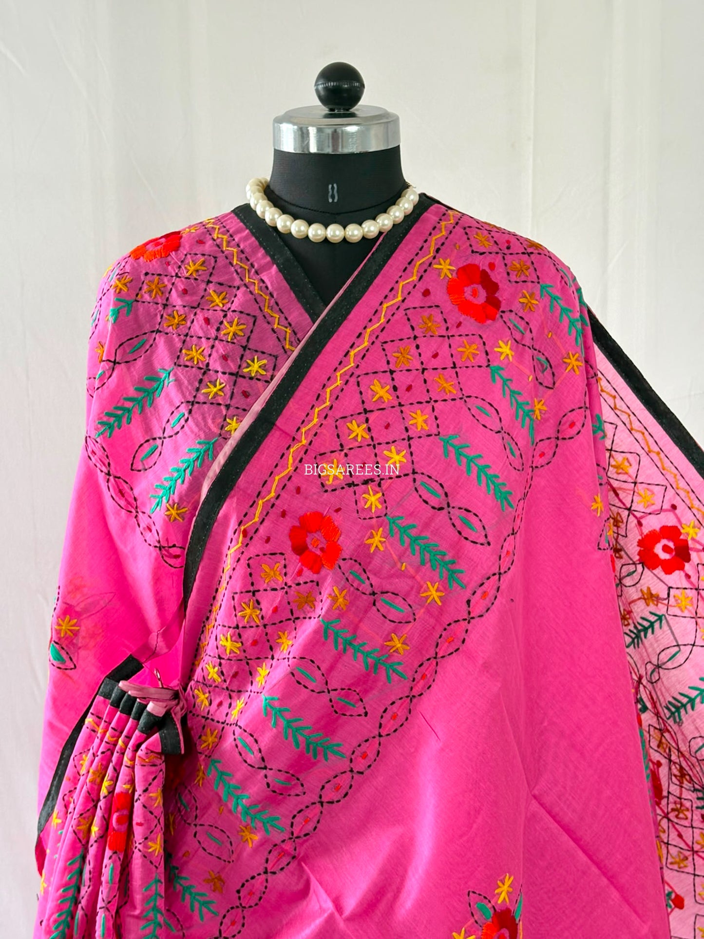 Phulkari Hand-Embroidered Saree | Chanderi Silk | Pink