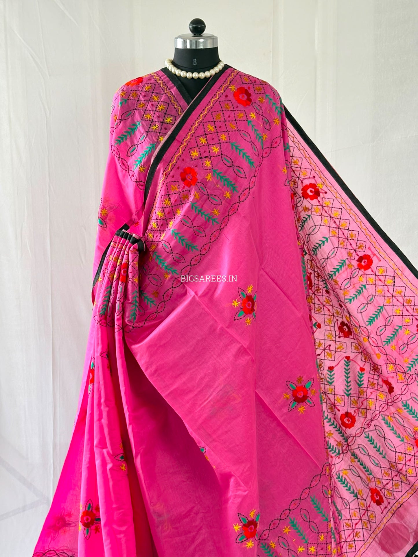 Phulkari Hand-Embroidered Saree | Chanderi Silk | Pink