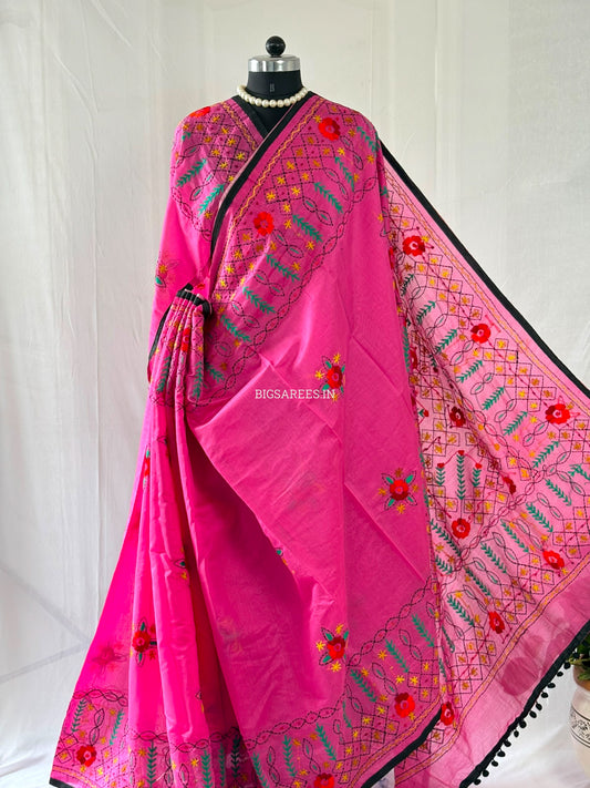 Phulkari Hand-Embroidered Saree | Chanderi Silk | Pink