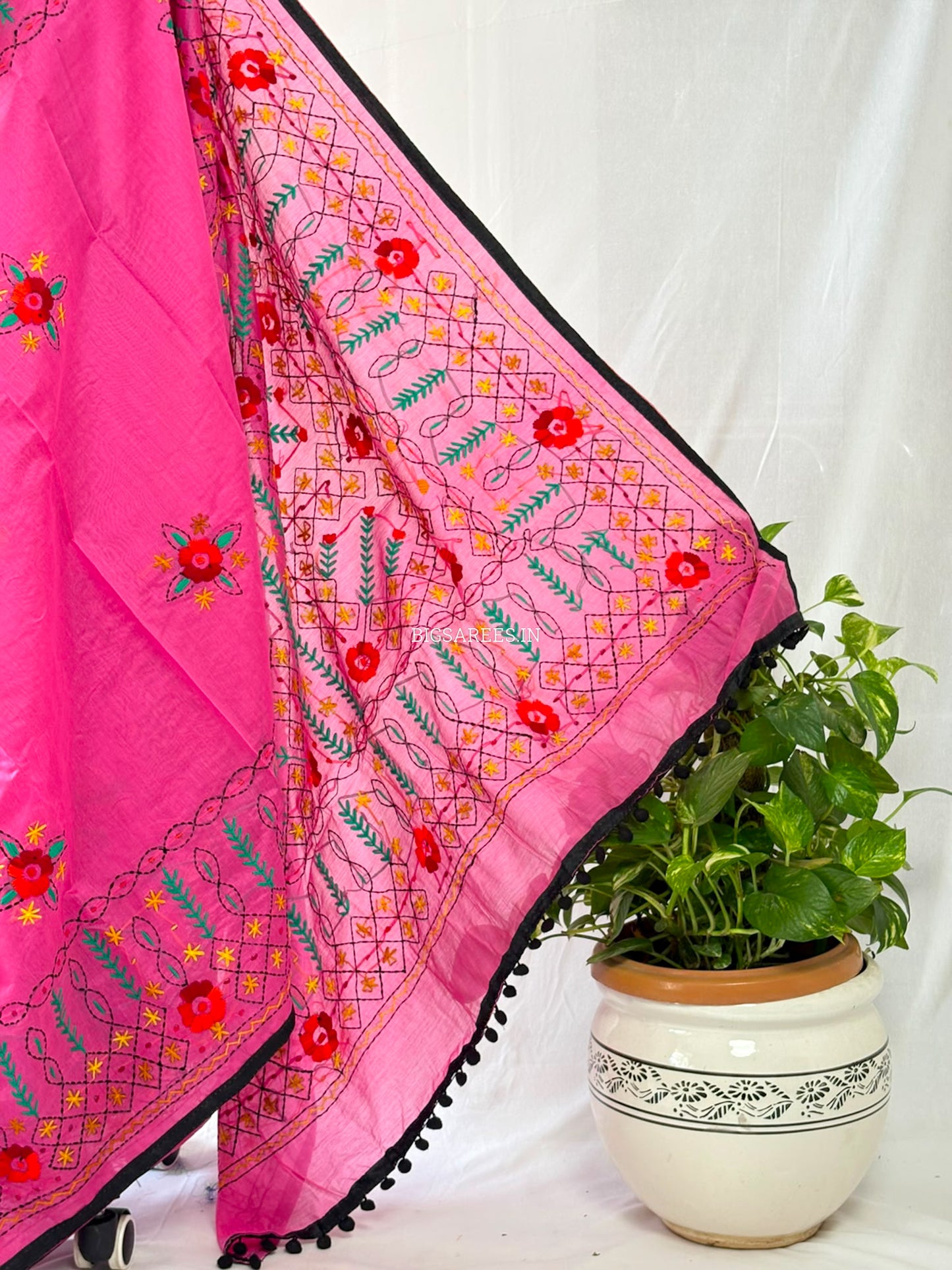 Phulkari Hand-Embroidered Saree | Chanderi Silk | Pink