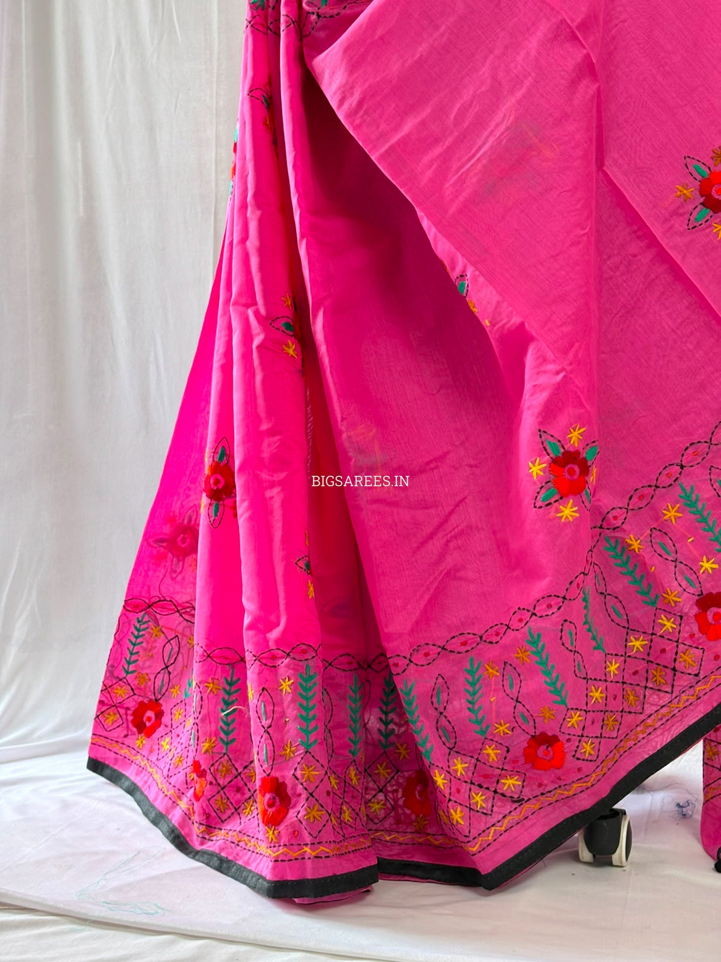 Phulkari Hand-Embroidered Saree | Chanderi Silk | Pink