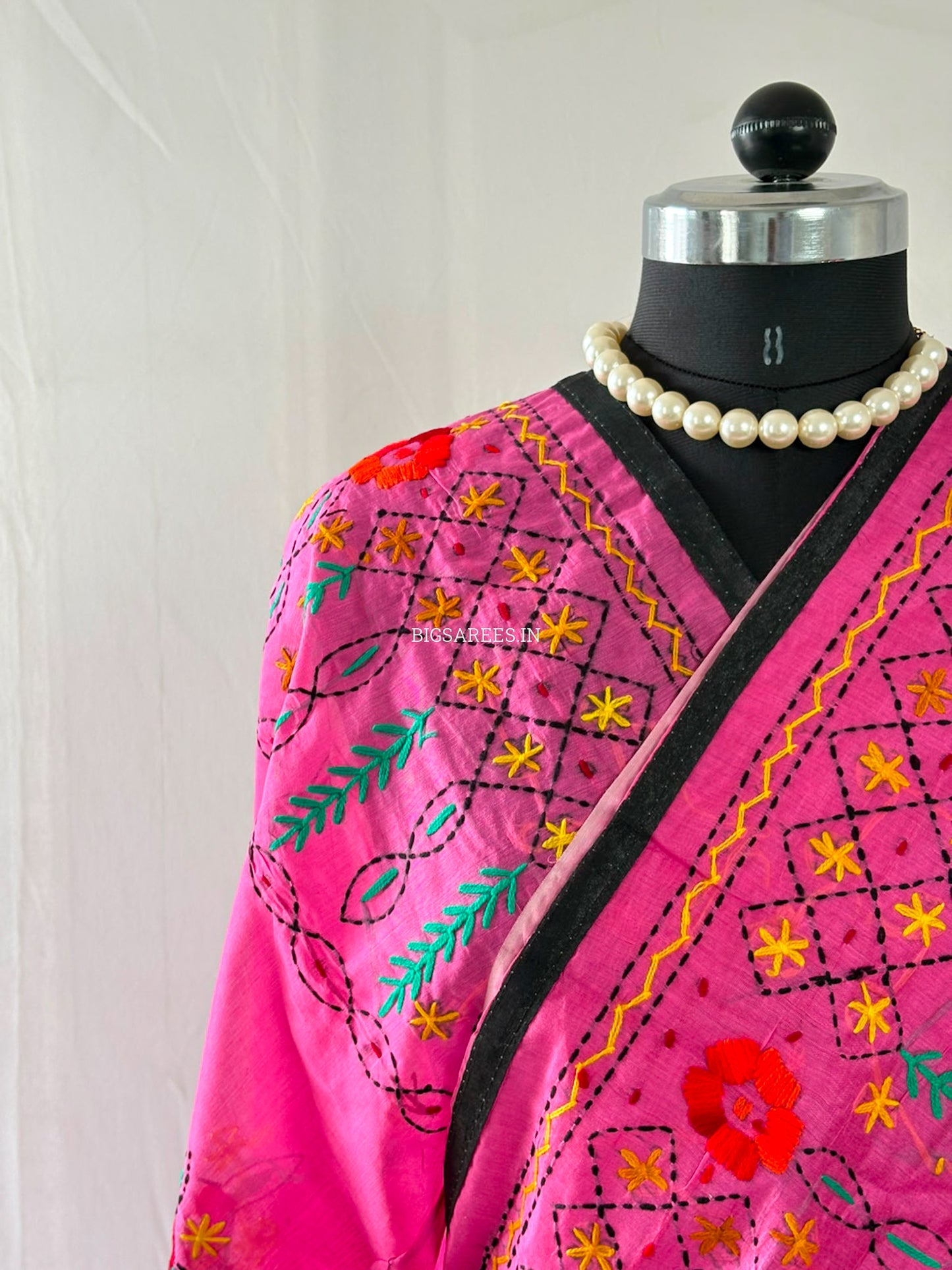 Phulkari Hand-Embroidered Saree | Chanderi Silk | Pink