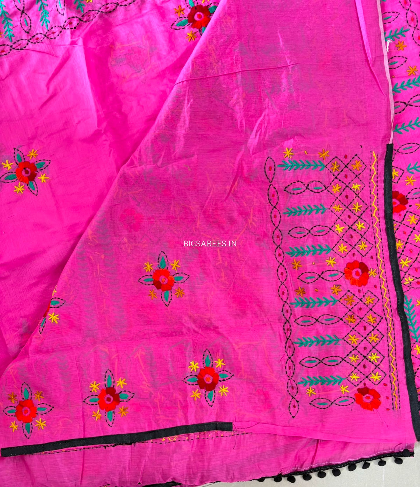 Phulkari Hand-Embroidered Saree | Chanderi Silk | Pink