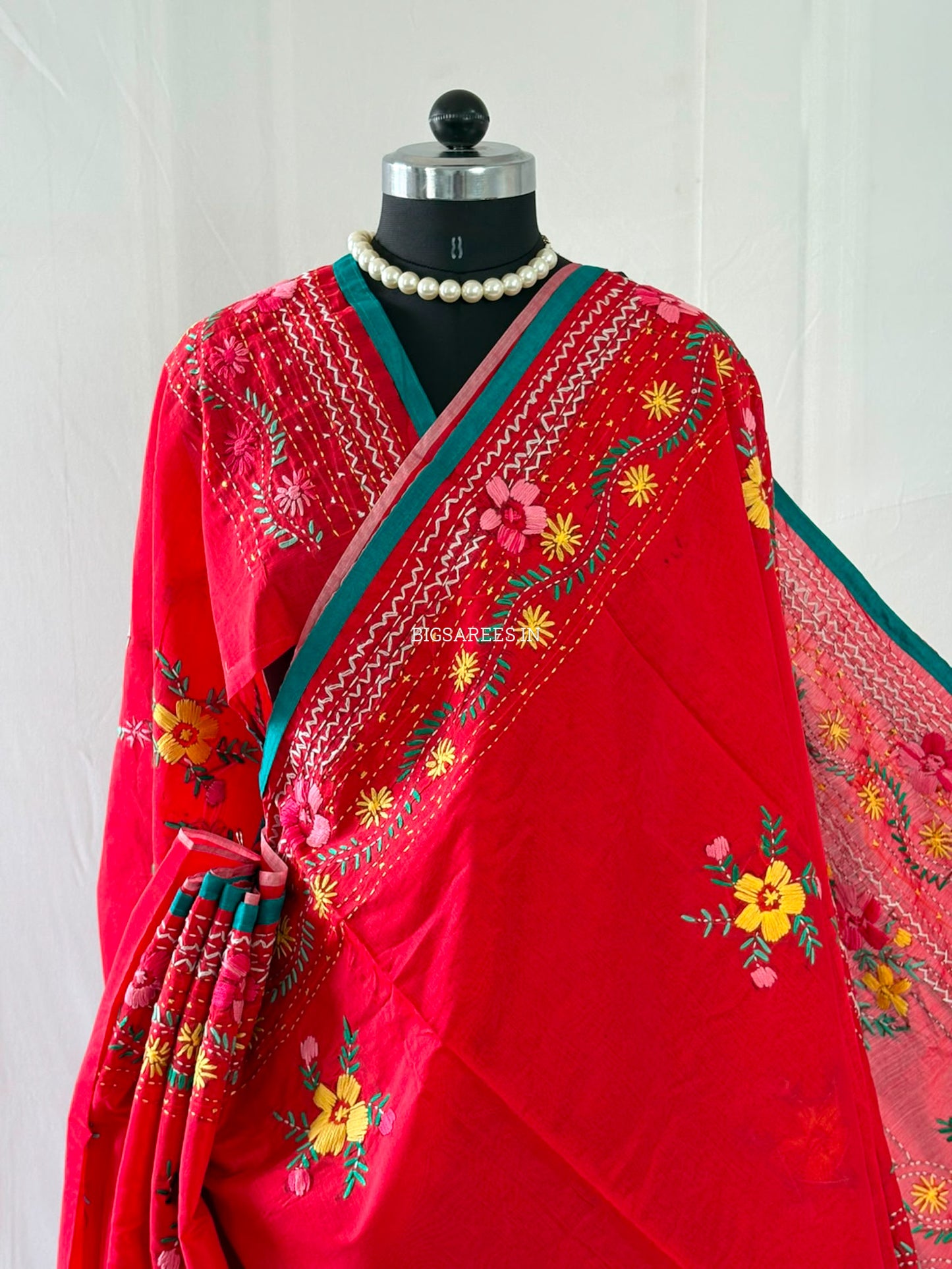 Phulkari Hand-Embroidered Saree | Chanderi Silk | Red