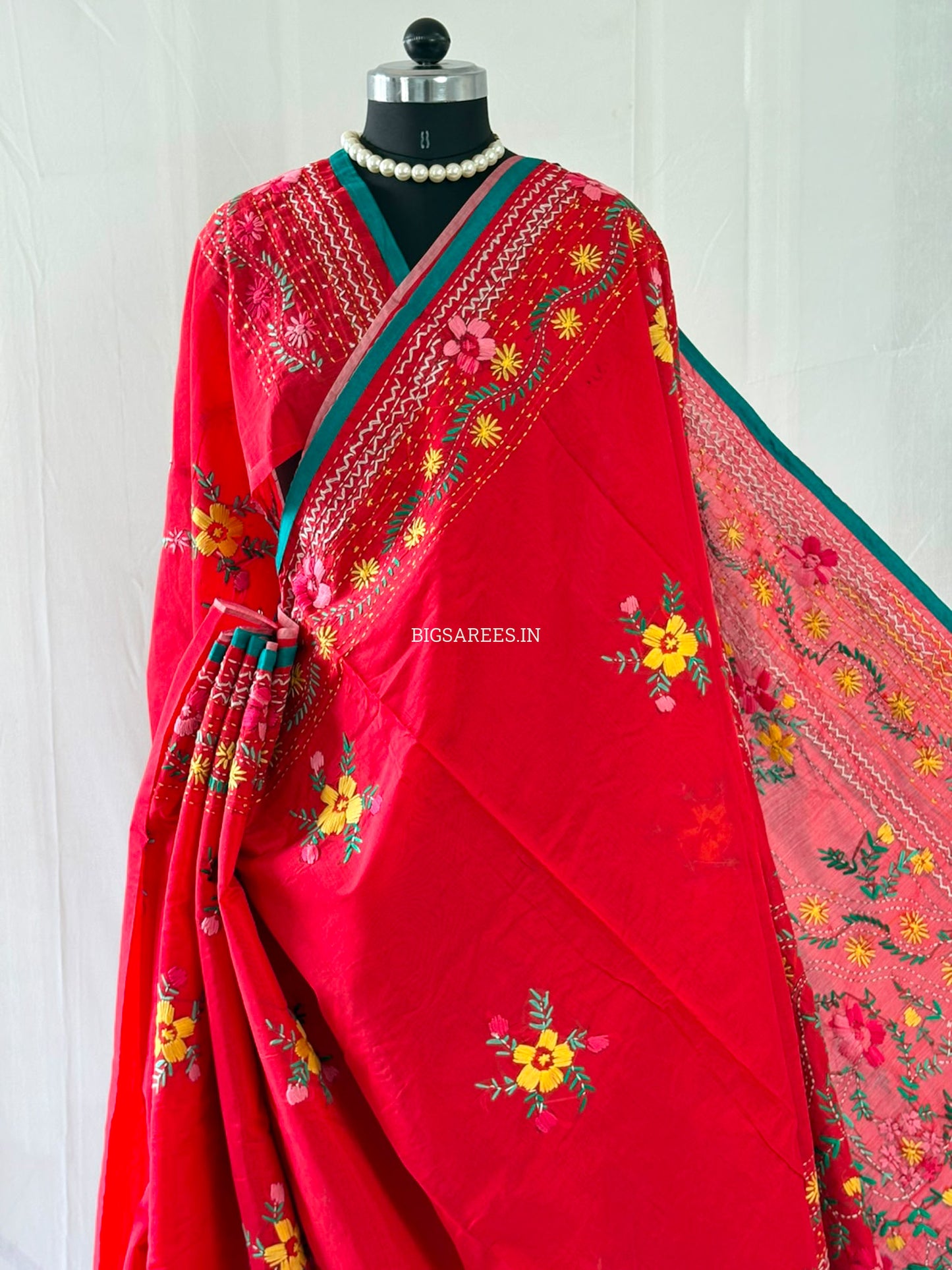 Phulkari Hand-Embroidered Saree | Chanderi Silk | Red