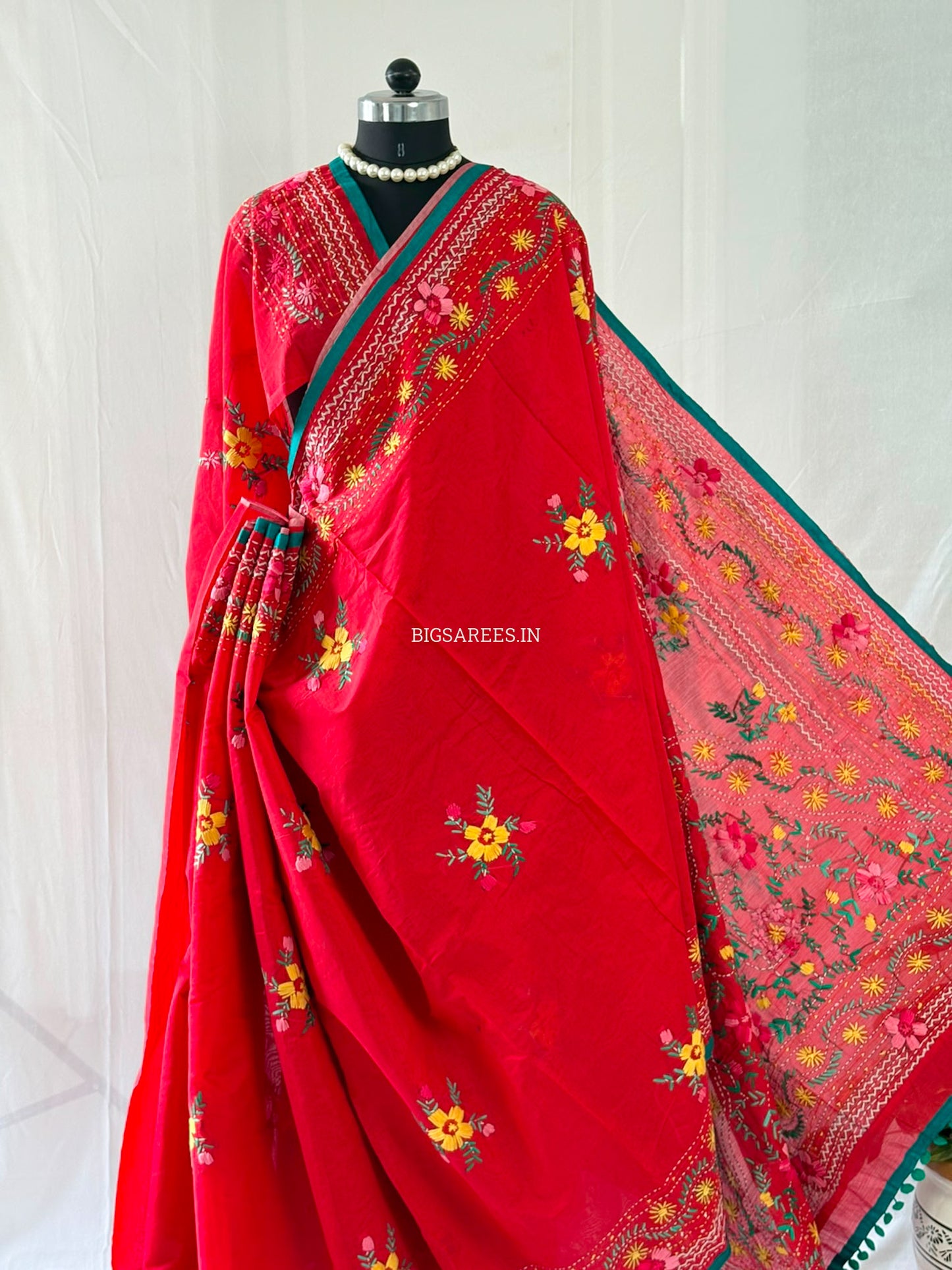 Phulkari Hand-Embroidered Saree | Chanderi Silk | Red