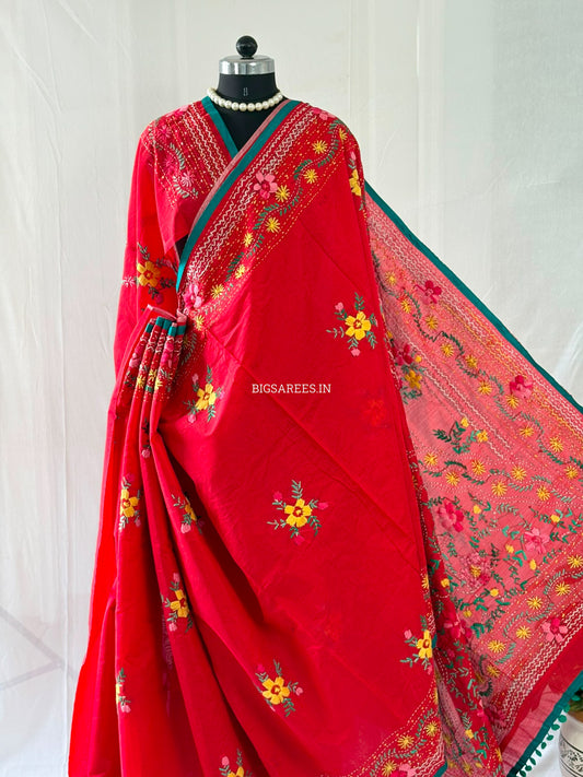 Phulkari Hand-Embroidered Saree | Chanderi Silk | Red