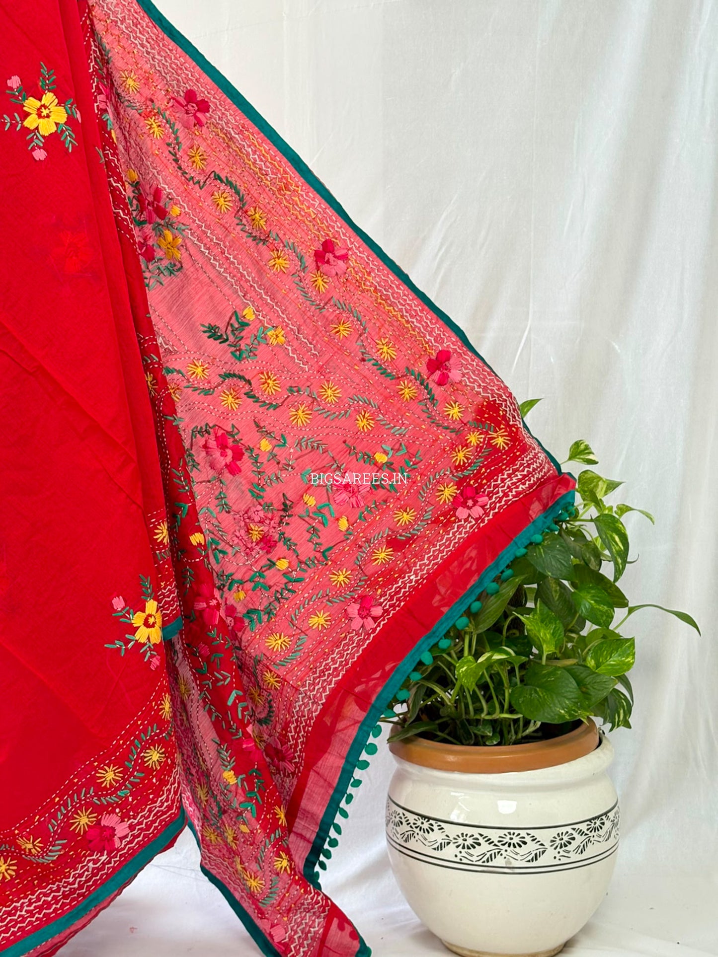 Phulkari Hand-Embroidered Saree | Chanderi Silk | Red
