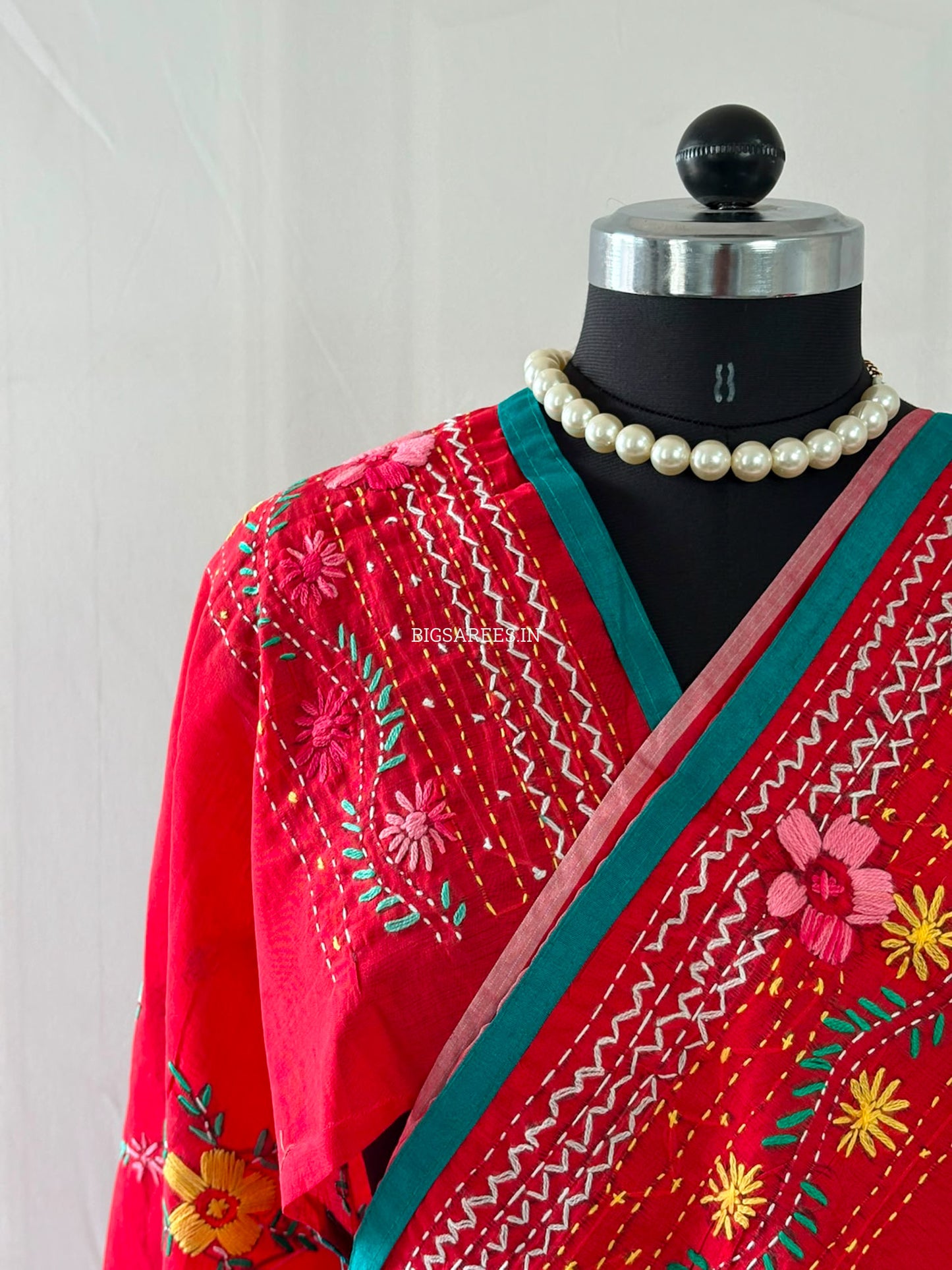 Phulkari Hand-Embroidered Saree | Chanderi Silk | Red