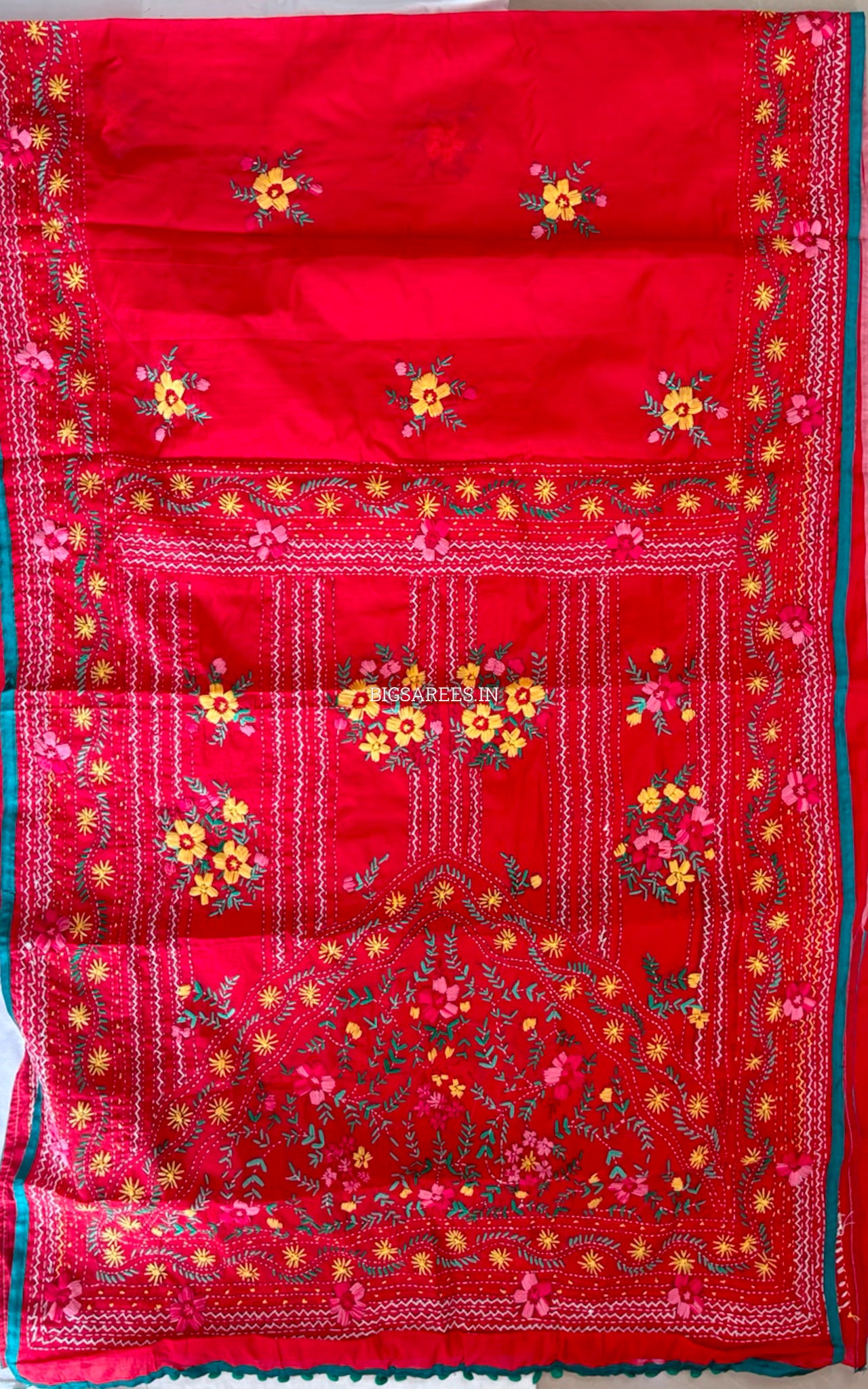 Phulkari Hand-Embroidered Saree | Chanderi Silk | Red