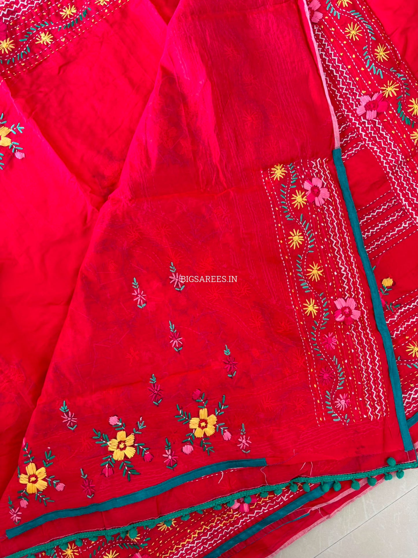 Phulkari Hand-Embroidered Saree | Chanderi Silk | Red