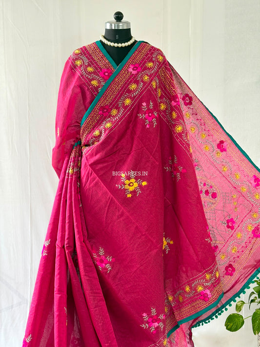 Phulkari Hand-Embroidered Saree | Chanderi Silk | Light Maroon