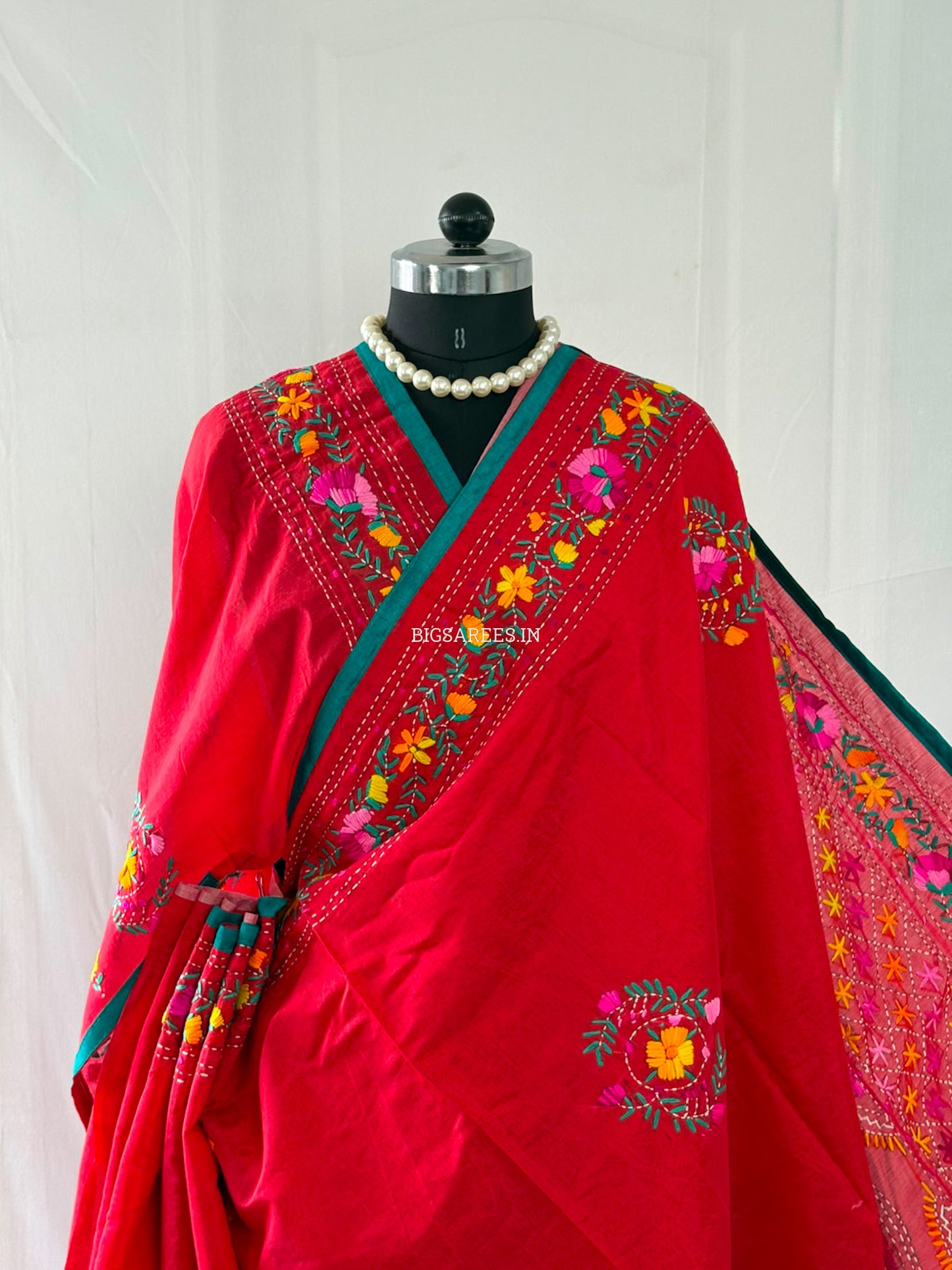 Phulkari Hand-Embroidered Saree | Chanderi Silk | Red
